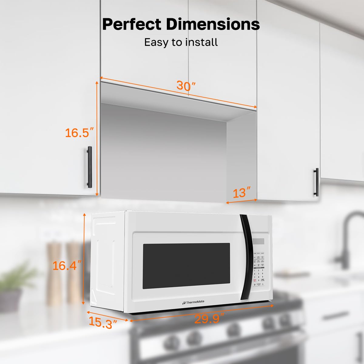 ThermoMate 30" White Over the Range Microwave with 1.9 Cu. Ft. Capacity, Over the Stove with One Touch, 1000 Cooking Watts, 400 CFM and Sensor Cooking, 11 Power Levels, LED Lighting
