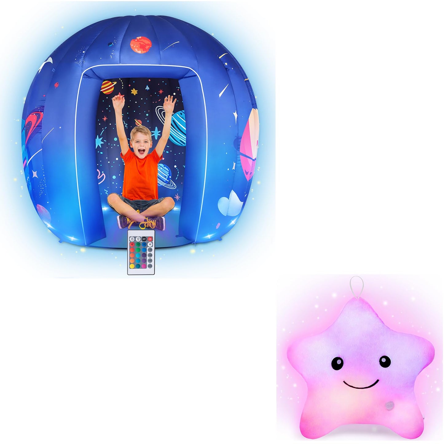 Subao Sensory Toys for Kids with Autism,70" Vast Planet Kids Play Sensory Tent with Lights and 14" Pink Light Up Star Plush Sensory Toddler Pillow,Birthday Xmas Gifts for Boys Girls Ages 3-12