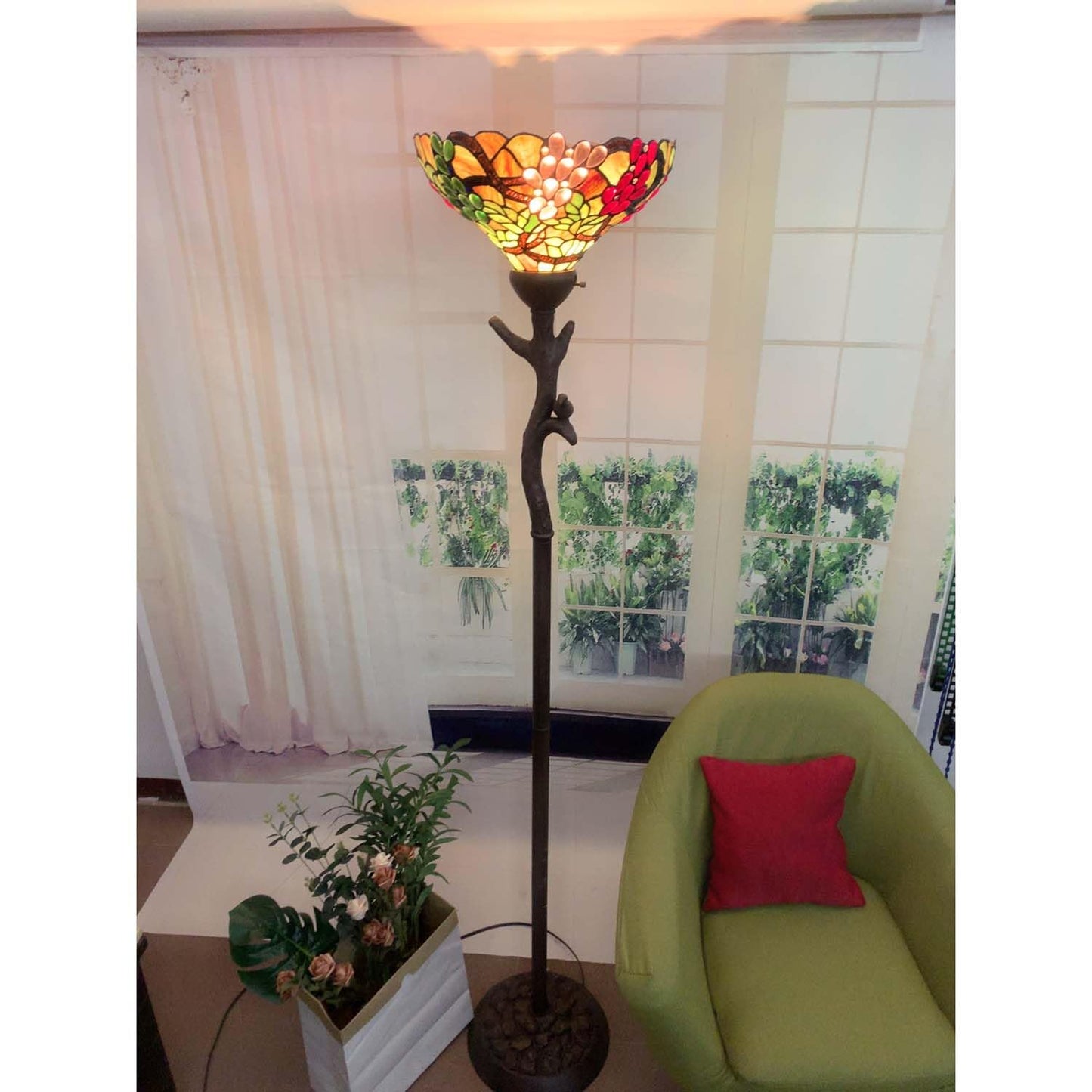 Bieye L10768 Grape Tiffany Style Stained Glass Torchiere Floor Lamp with 14 inches Lampshade, Bird on Branch Base, 70.5 inches Tall