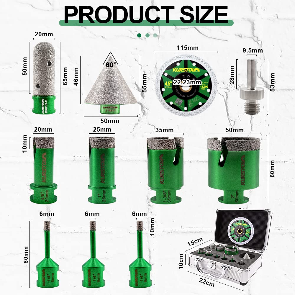 KURSTOL Diamond Core Drill Bits Kit - 11pcs 6/6/6/20/25/35/50mm+2" Beveling Chamfer Bit+3/4" Finger Milling Bit+Triangle Adapter to 5/8-11" Thread+4.5" Cutting disc for Porcelain Ceramic Tile Granite