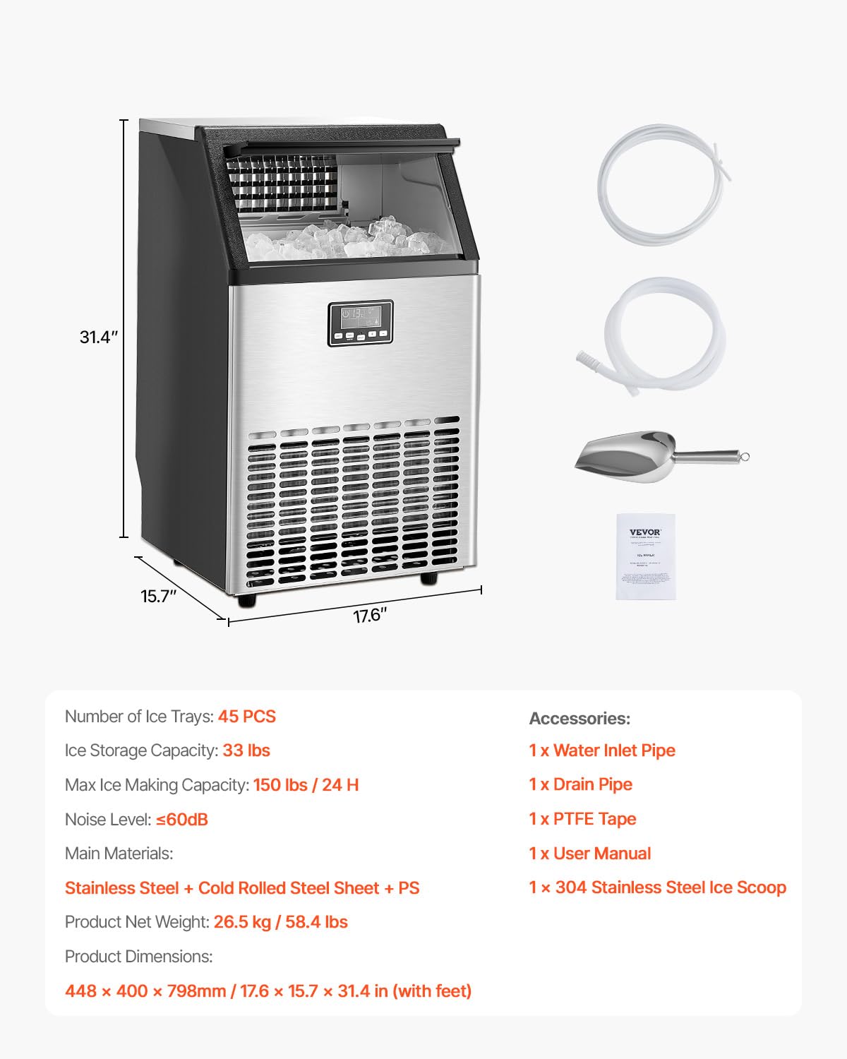 VEVOR 150lb/24h Commercial Ice Maker with 2 Water Inlets 45 Ice Cubes in 15 Minutes 33lb Capacity for Bar Office Restaurant with LED Digital Display and Self-Cleaning