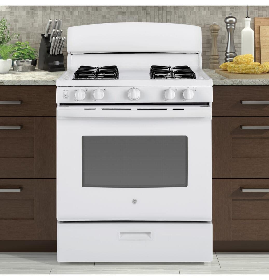 GE JGBS30DEKWW 30 Inch Freestanding Gas Range with 4 Sealed Burners, 4.8 cu. ft. Capacity, Broiler Drawer, Simmer Burner, Big View Window, LP Conversion Kit, and ADA Compliant: White