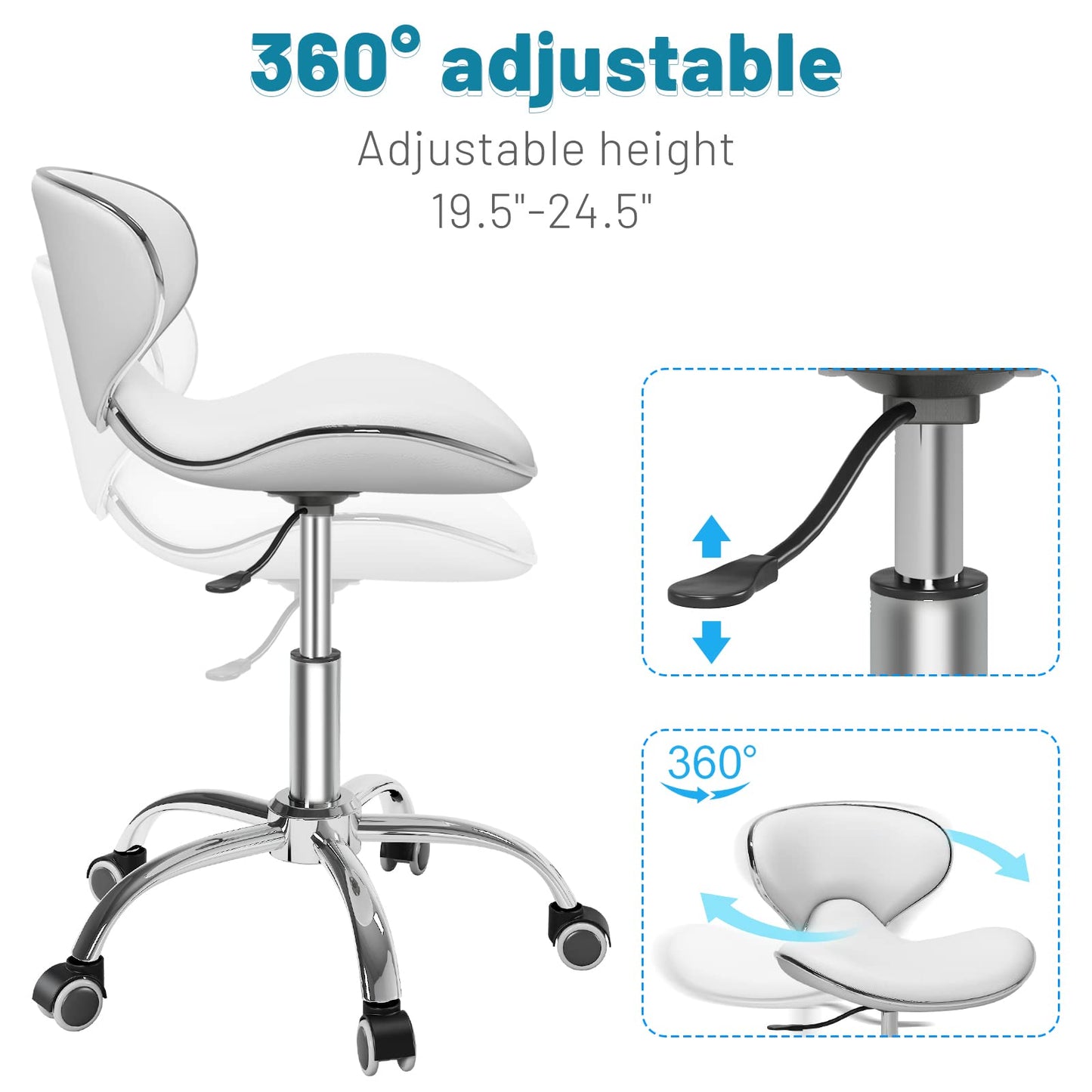Adjustable Rolling Stool with Backrest,Drafting Spa Bar Medical Salon Tattoo Stool Chair with Wheels 360 Swivel,Heavy Duty,400lbs Weight Capacity,White