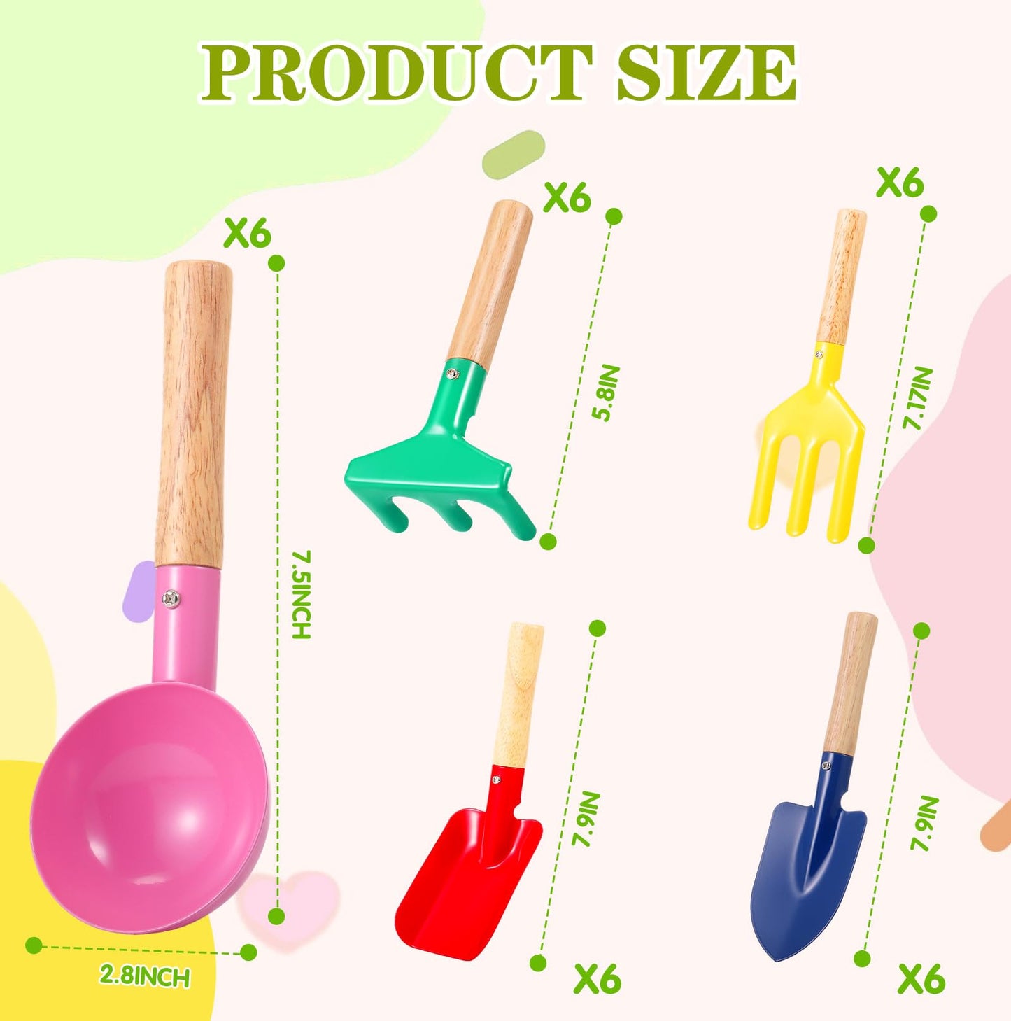 Motionchic 30 Pcs Children Beach Sand Toys Kids Gardening Tools Set Metal Including Shovel, Rake, Fork and Trowel, Summer Beach Sandbox Digging Toys for Kid with Wooden Handle Hoe Outdoor Gift