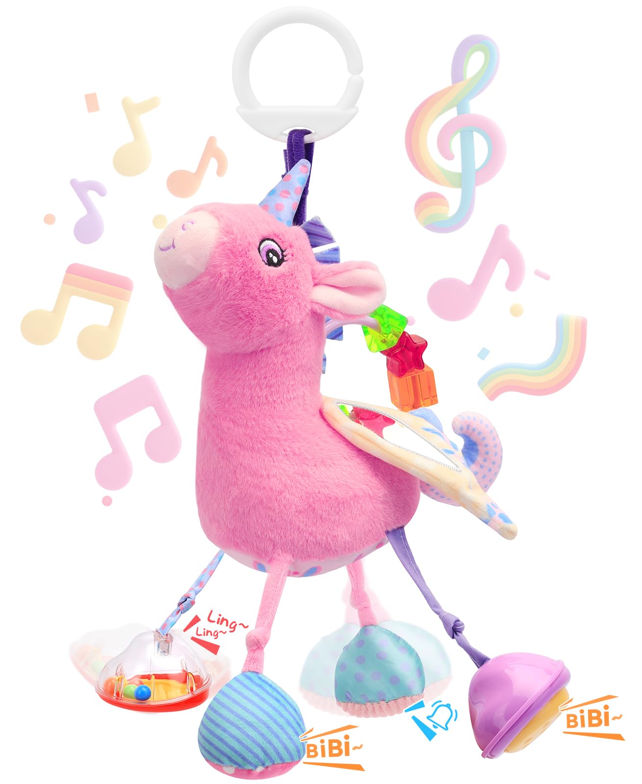 MPQMPQ Car Seat & Stroller Toy for Girl - Musical Sensory Plush with Rattle & Mirror Baby Toys 0-12 Months Hanging Travel Carseat Toys Soft Squeaky Stuffed Animal Unicorn for Babies Gifts
