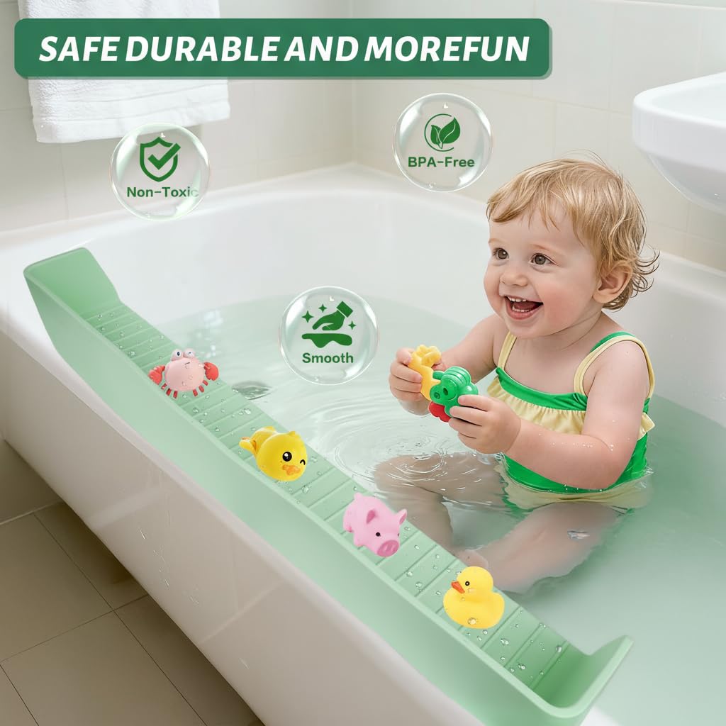 Bathtub Splash Guard for tub Kids& Bath Shelf for Kids – Toddler Bath Tray, Bath Toys Storage & Ledge Organizer – Splash Guard for Bathtub with Suction Cups – Kids Bathroom Accessories(2.6FT, Green)