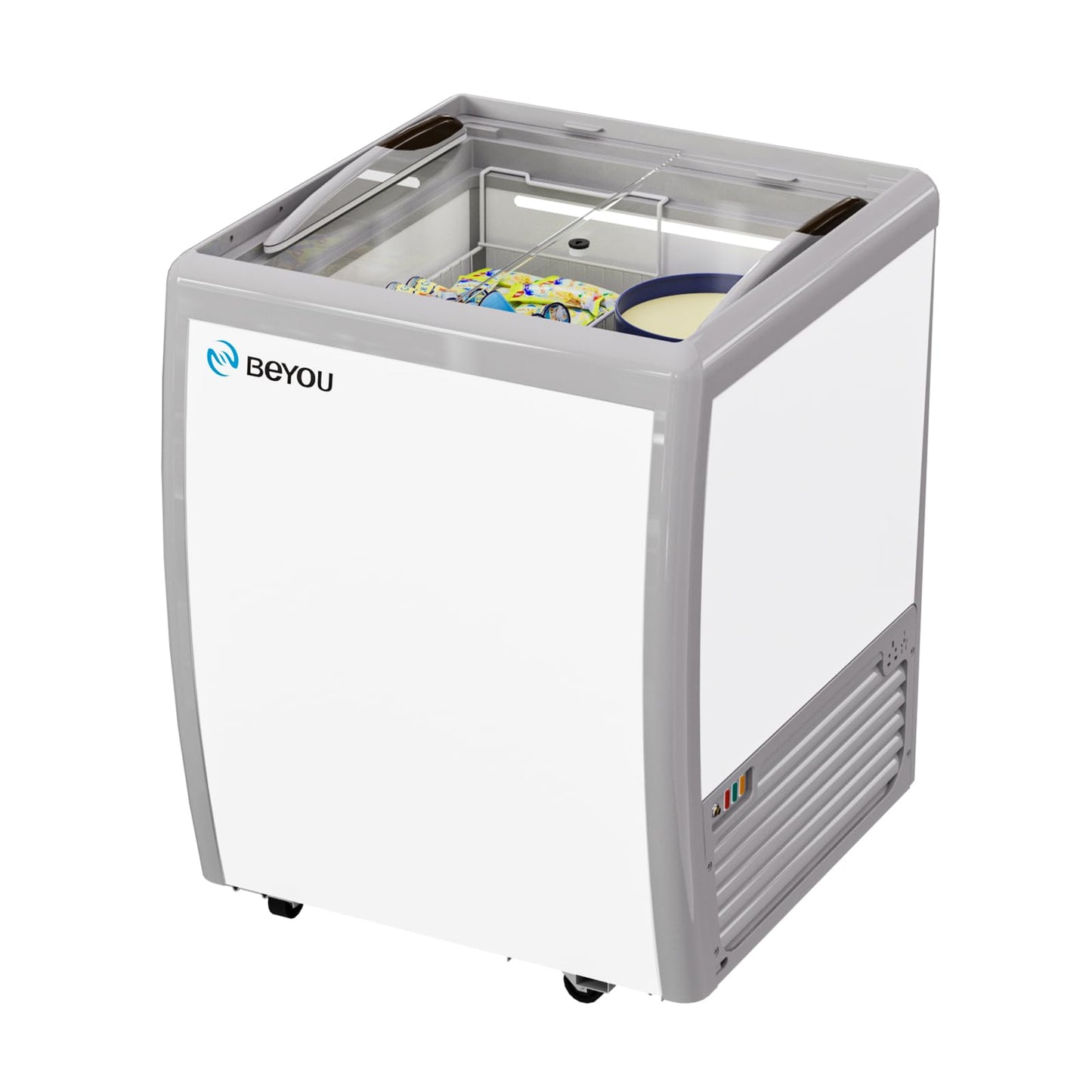 BEYOU Commercial Ice Cream Freezers with Display Glass Top，5.6 Cu.ft Chest Freezer with Wire Basket, White