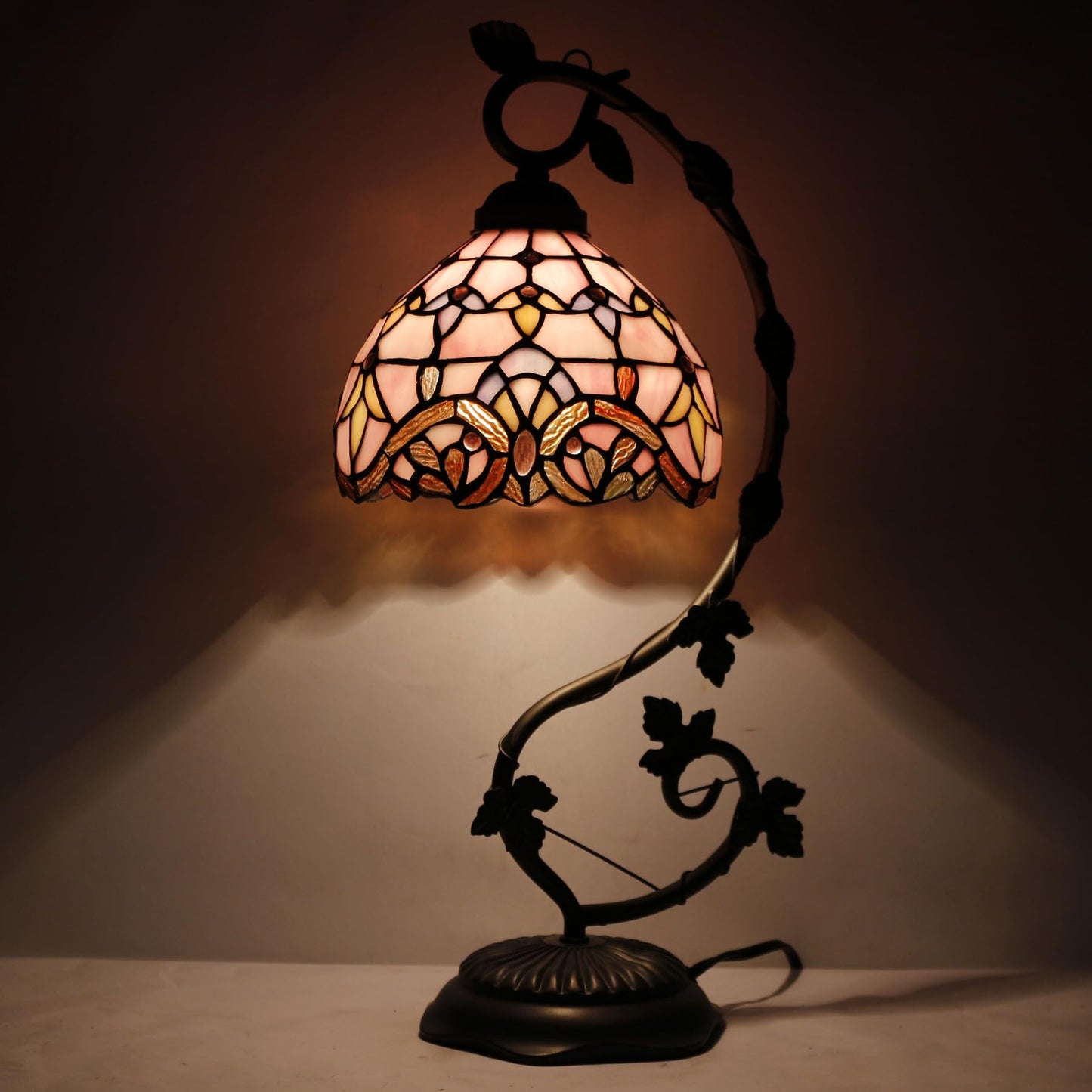 WERFACTORY Tiffany Table Lamp Pink Stained Glass Baroque Style Reading Desk Light, Metal Leaf Base 8X10X21 Inches Decor Small Space Bedside Bedroom Home Office S003P Series