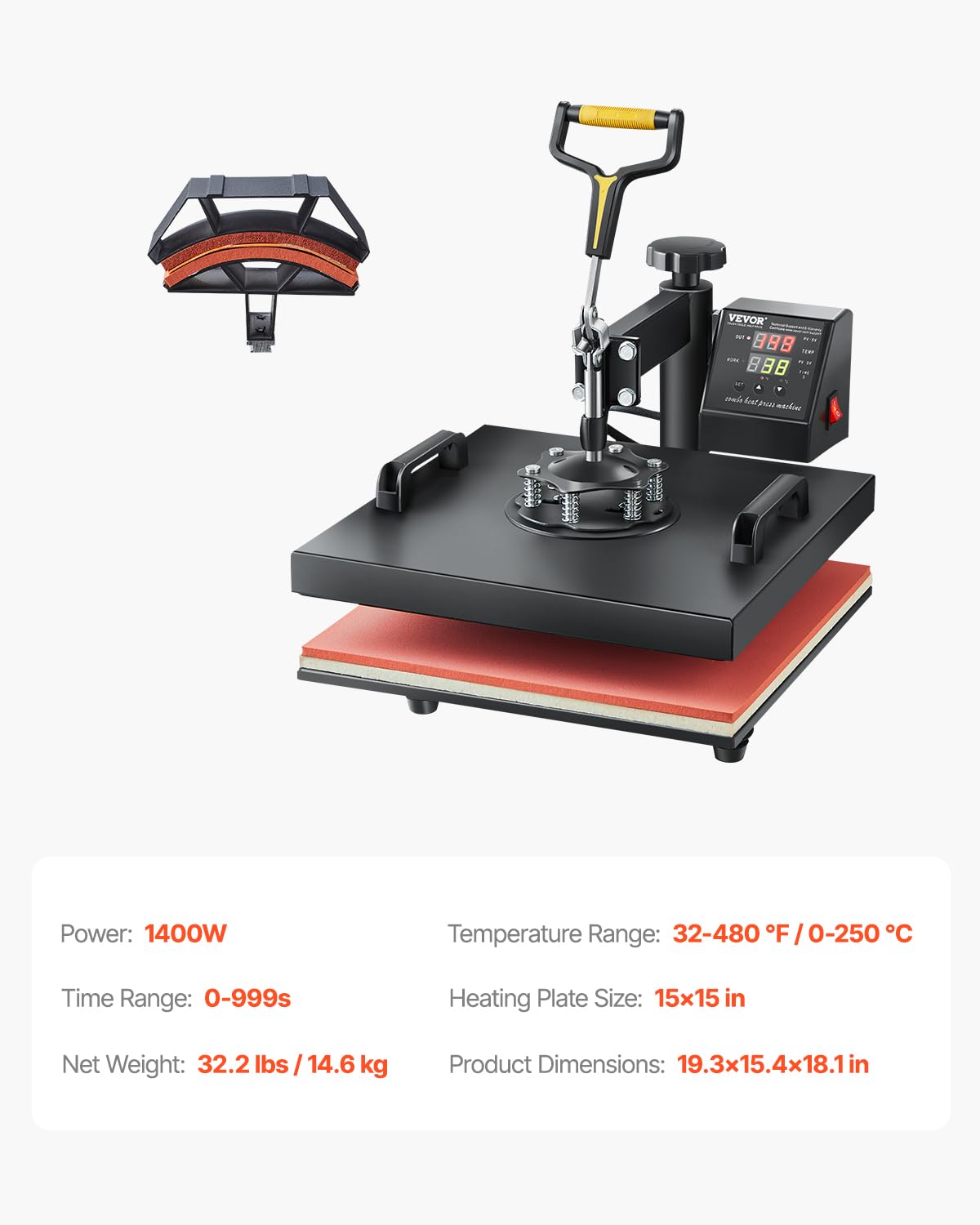 VEVOR 2 in 1 Heat Press Machine for T Shirts and Hats, 15x15 Inch Professional Swing Away Digital Tshirt Press Machine for Sublimation, Vinyl, Heat Transfer Projects