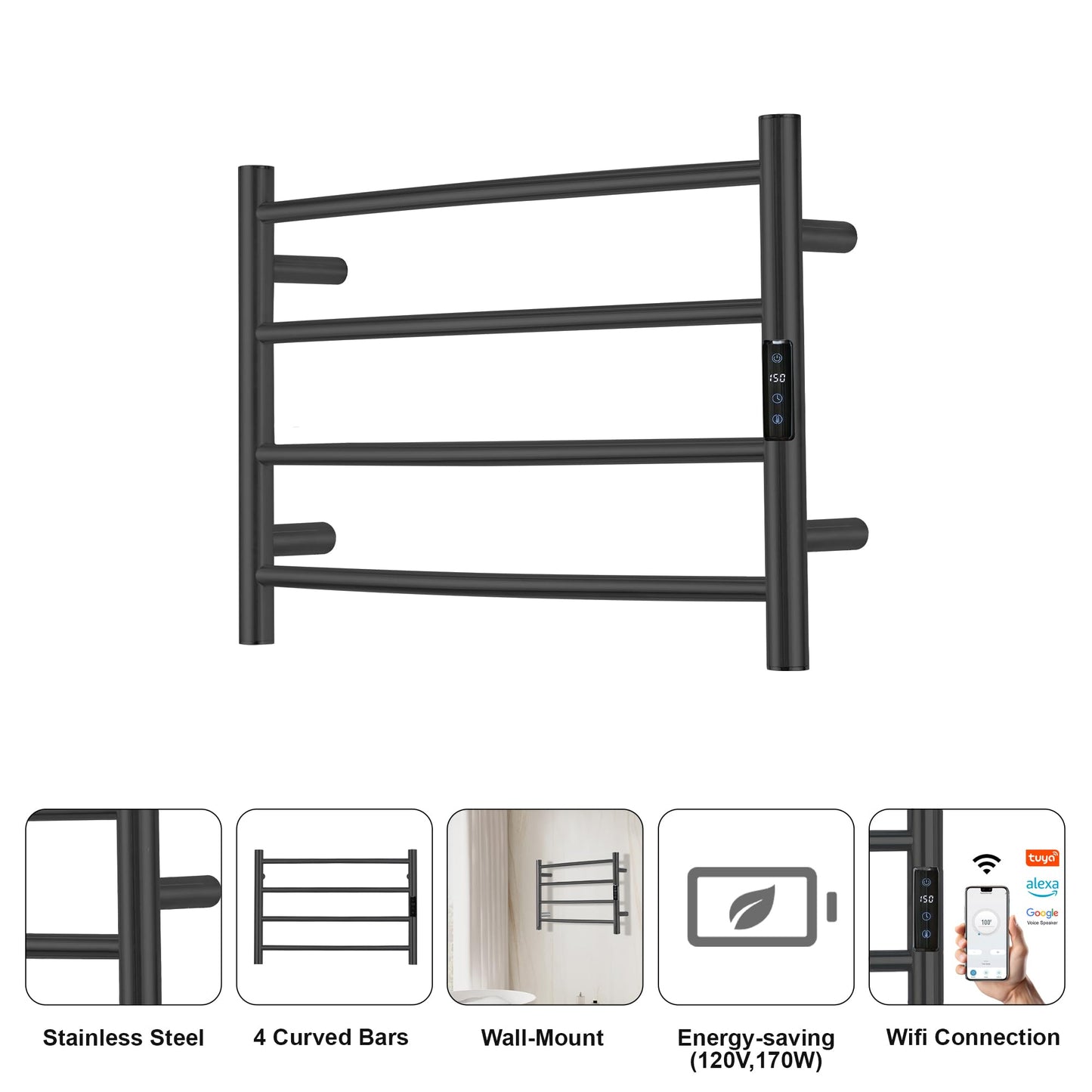 SHARNDY Electric Towel Rack with Voice Control for Alexa & Google Home,TUYA - Wall-Mounted Bathroom Heating Towel Warmer,Plug-in,Stainless Steel Material,16.54x23.62x5.51 in,Black,4 Bars