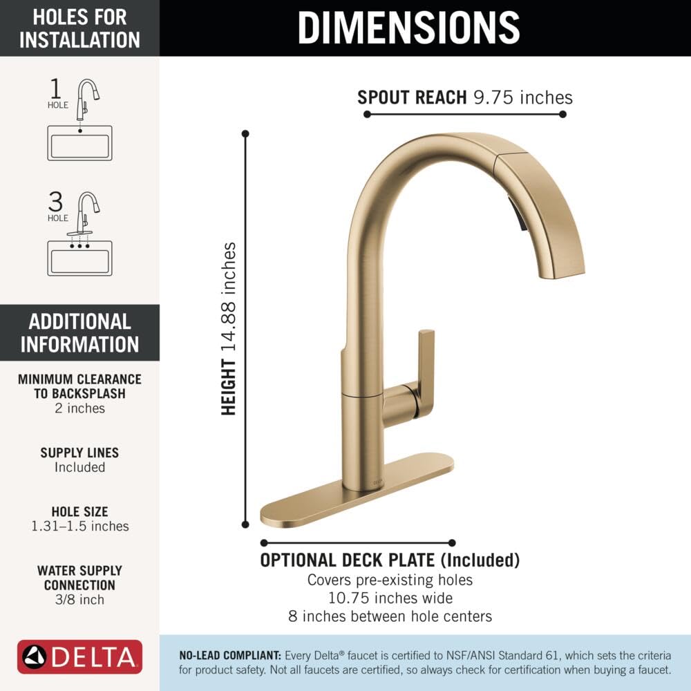 Delta Keele Brushed Gold Kitchen Faucet with Pull Down Sprayer, Modern Brushed Gold Single Hole Kitchen Sink Faucet, Single Handle, Champagne Bronze 19824LF-CZ