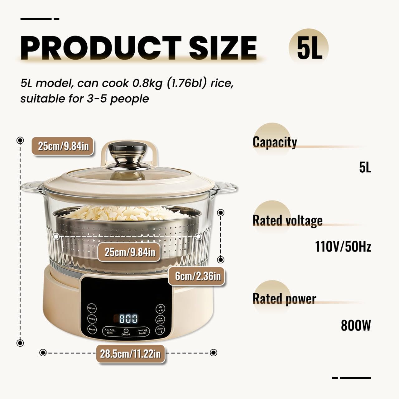 Low Carb Rice Cooker, Multifunction Smart Rice Cooker, Transparent and Visible food Steamer with Auto Lift Filter Basket (5L)
