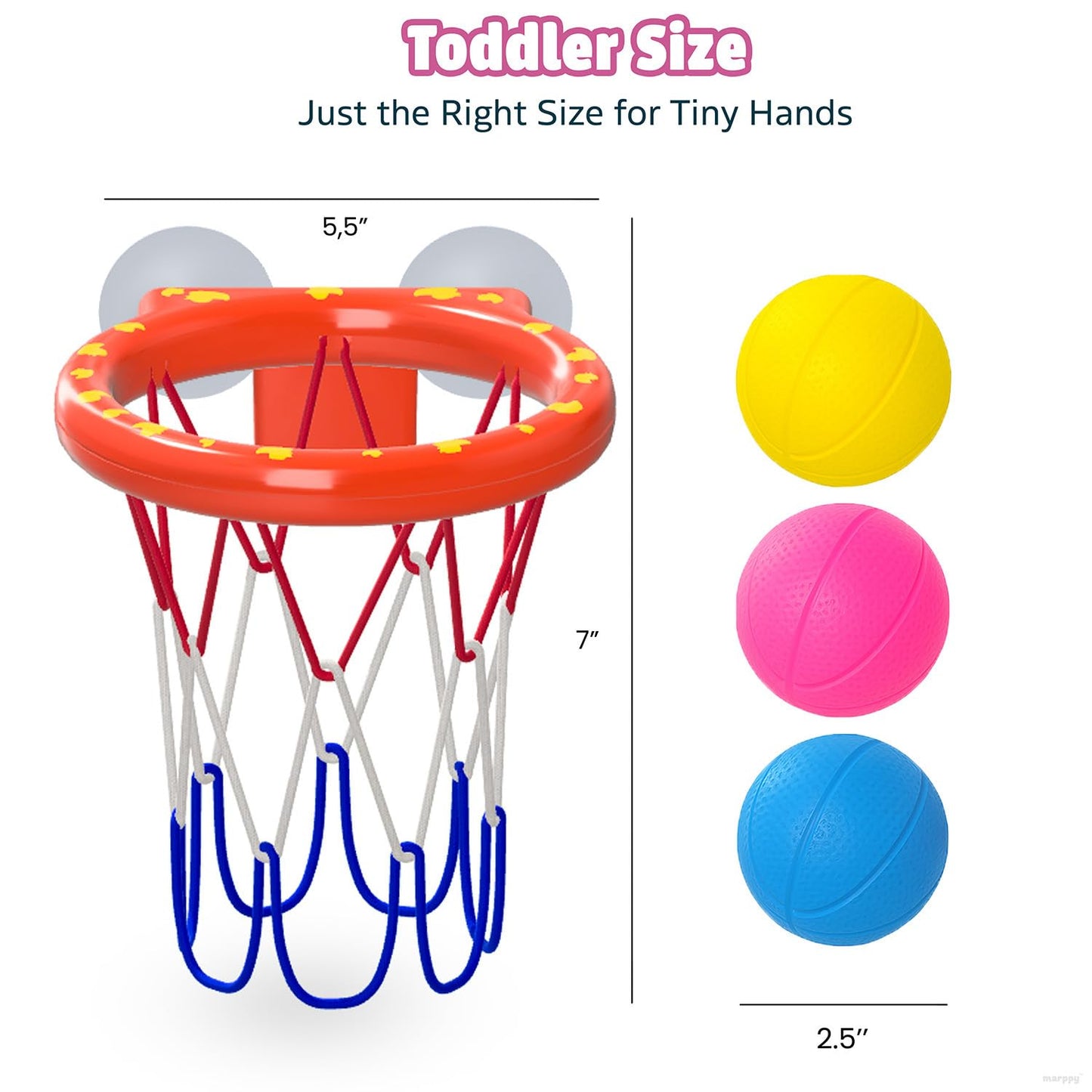 MARPPY Bath Toys - Bathtub Basketball Hoop for Toddler Kids - Bath Toys Mold-Free with Strong Suction Cups and 3 Colorful No-Hole Balls - Fun Shower Toys and Bathtub Toy for Toddlers