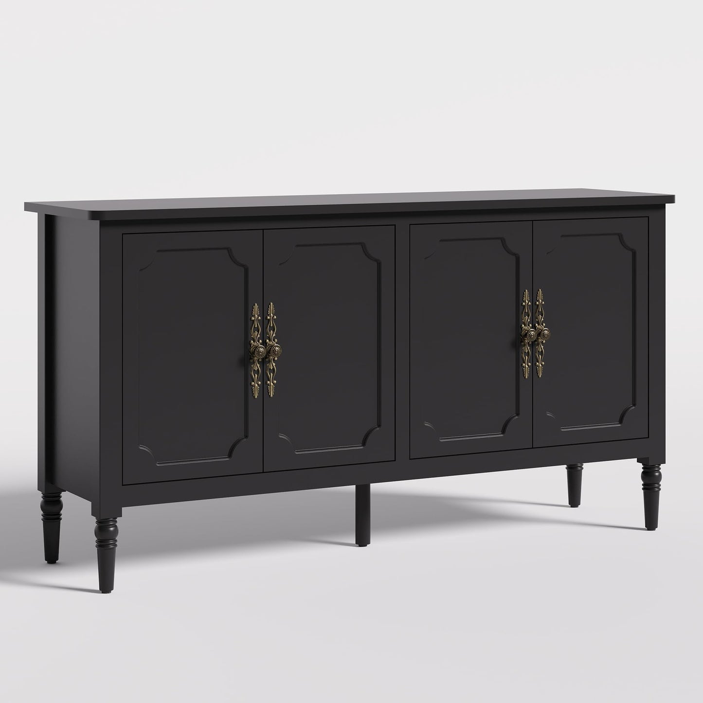 FansaFurn Console Table, 58'' Mid Century Modern Pantry Cabinet, Wood Buffet Sideboard, Media Credenza with 4 Doors, Accent Storage for Entryway, Living Room, Bedroom, Dining Room (Black)