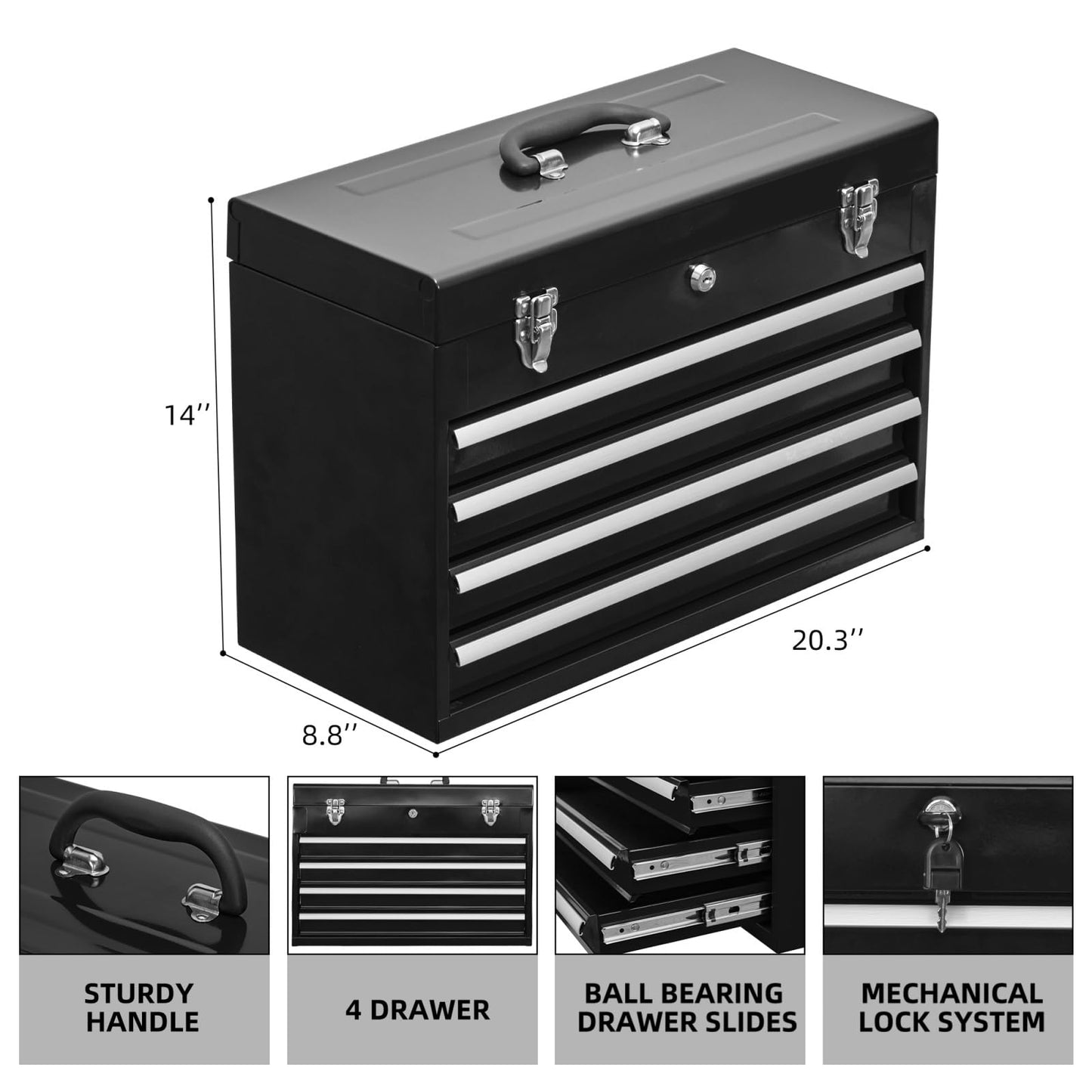 Portable Metal Tool Box with 4 Drawers - Heavy Duty Steel Tool Chest with Lock & Latch Closure for Garage, Warehouse, and Outdoor Repairs - Black