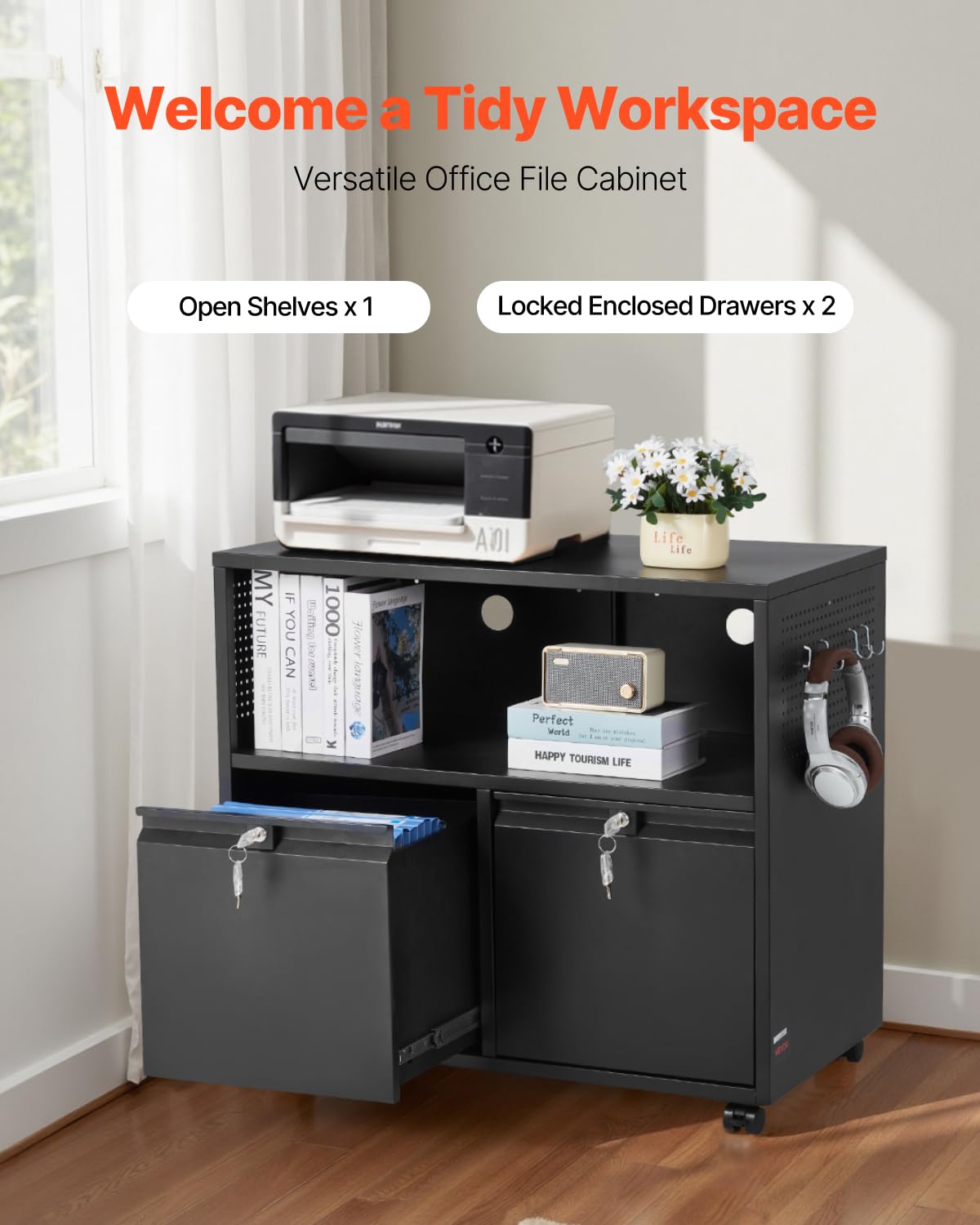 VEVOR 2 Drawers Metal File Cabinet, Lateral Filing Cabinet with Lock and Adjustable Hanging Rods, Wide Filing Storage Cabinets for Home and Office Fit Letter, A4, Legal Size File, Easy Assembly, Black