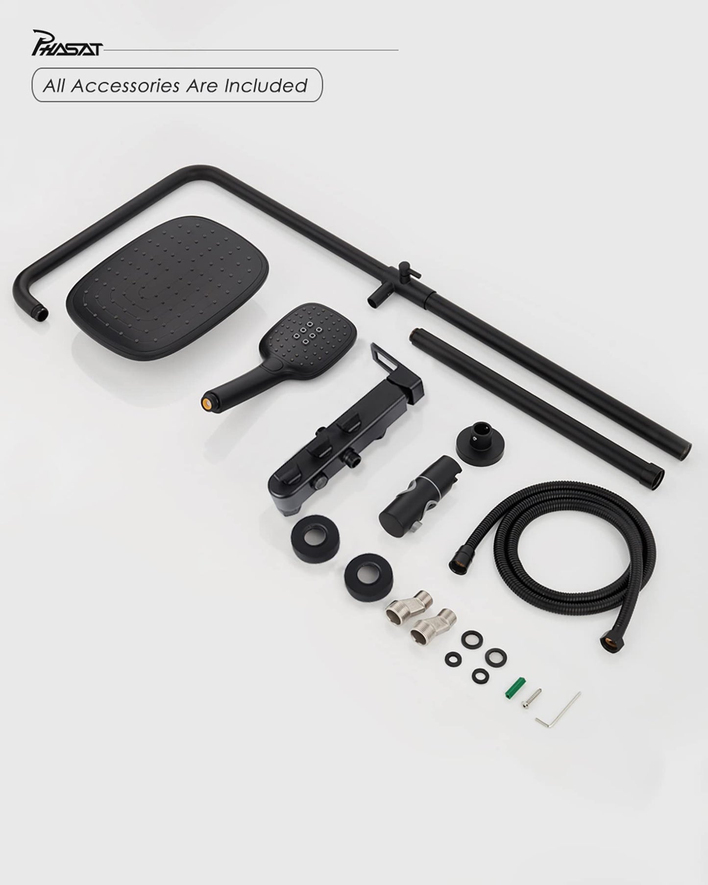 PHASAT Shower Fixtures Brass 3 Function Bathtub Faucet Set Wall Mounted Exposed Shower System,Matte Black,CT8525