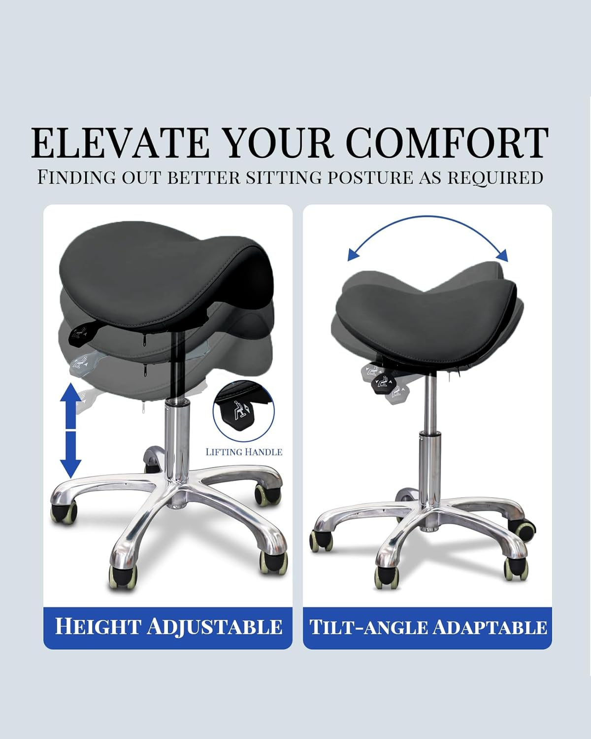 LIMKOMES Saddle Stool with Wheels,Rolling Stool,Rolling Chair Ergonomic Swivel Rolling Chair with Hydraulic Lifting Height Adjustable Rolling for Office Medical Massage Salon Drafting(Black)