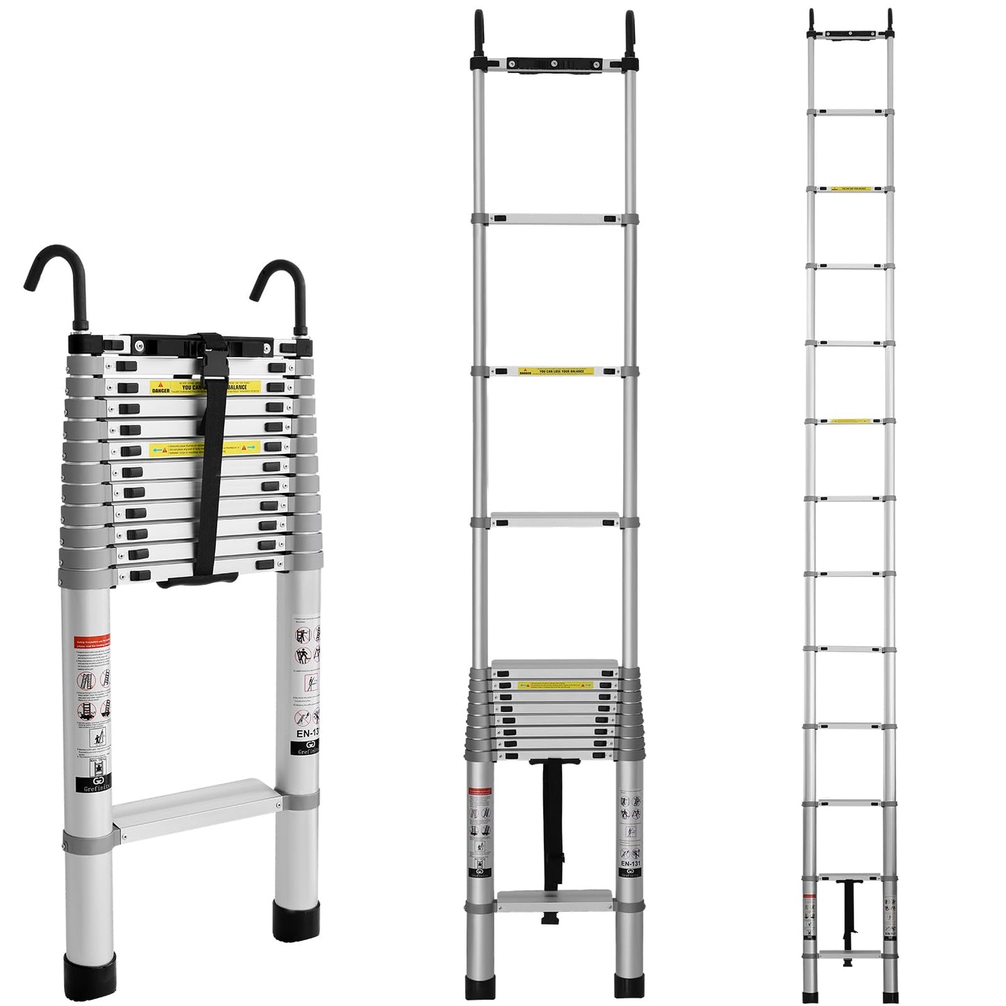Grefinity 16.5 FT Aluminum Telescoping Ladder with Hooks, Extension Ladder with Reinforced Alloy Joints, 400 lbs Load Capacity with Non-Slip Feet, Compact Portable for Home, RV, Attic and Roof Use