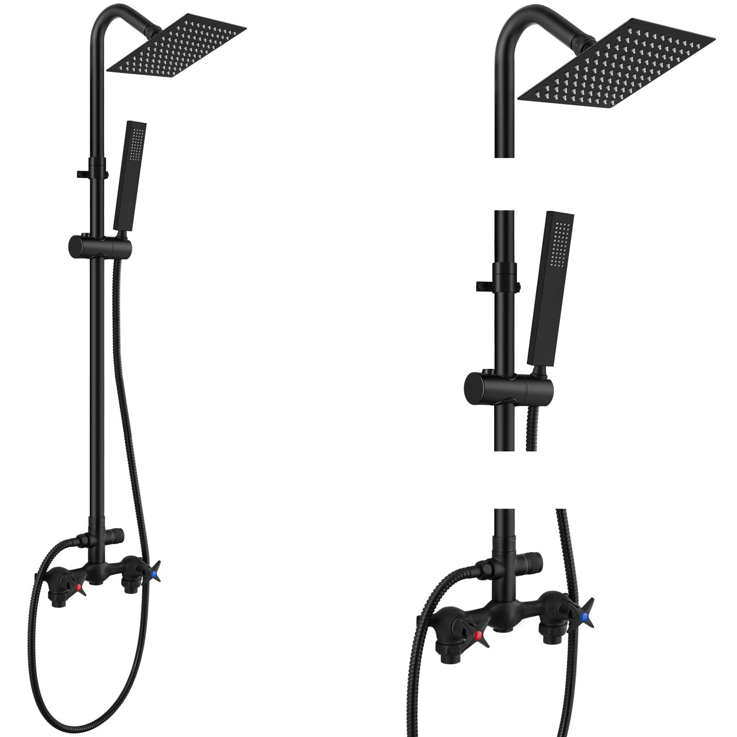 Aolemi Wall Mount Outdoor Shower Kit,Outdoor Shower Fixtures Faucet System with Handheld Spray,Double Handle 6 Inch Center Exposed Shower,with 6" Shower Head Matte Black