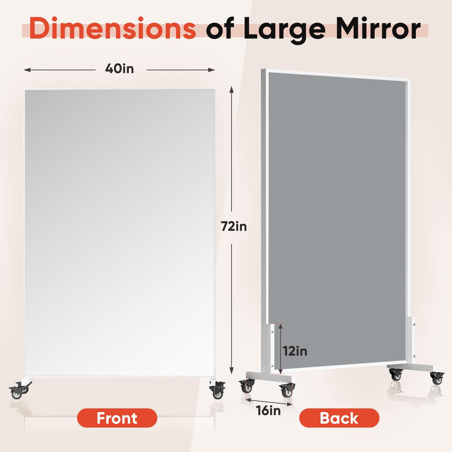 Suidia 72"x40" Full Length Mirror with Wheels, Shatterproof Full Body Mirrors, Mobile Floor Standing Mirror for Home Gym, Yoga, Dance Studio, Living Room, Rectangular, White
