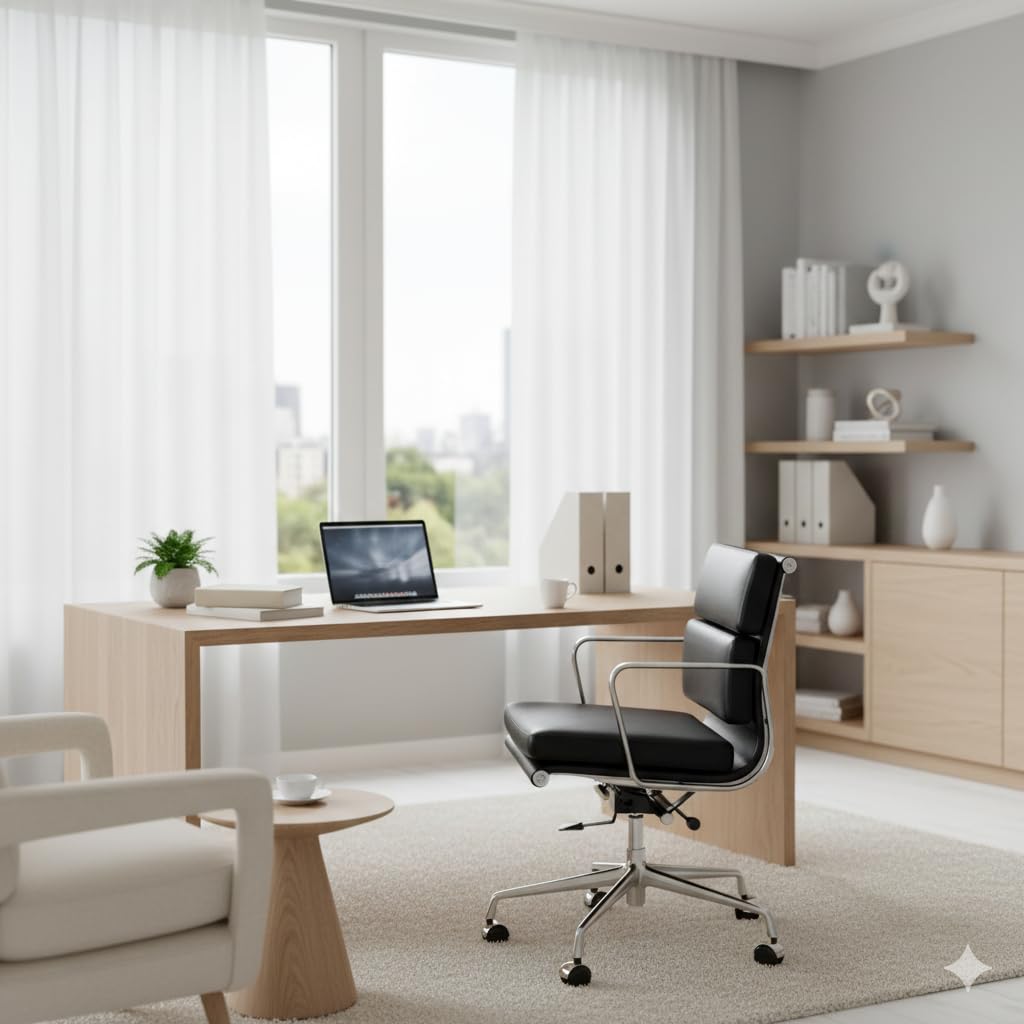Aekinsly Top Grain Leather Mid-Back Executive Office Chair, Ergonomic Desk Chair with Aluminum Alloy Frame & 5-Star Base, Thick Plush Cushion, Lumbar Support Swivel Chair for Home Office (2, Black)