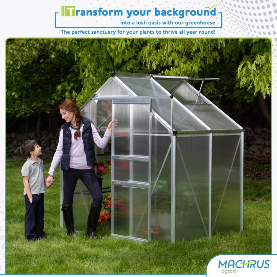 Machrus OGrow Small Greenhouses for Outdoors-Portable Walk in Large Greenhouse Kit for Plants - 4X6 Green Houses for Outside-Polycarbonate Greenhouse Panels with Vent Window, Heavy Duty Aluminum Frame
