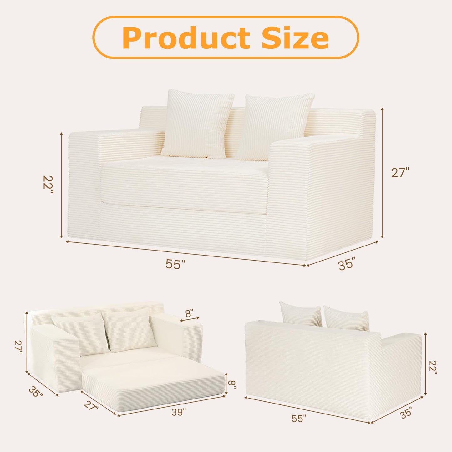 Boneless Loveseat Sleeper Sofa Bed, 3-in-1 Convertible Sofa Bed and Floor Futon with 4 Pillows, 55" Beige Boneless Couch for Living Room, Guest Room, Small Space, No Assembly Required, Corduroy