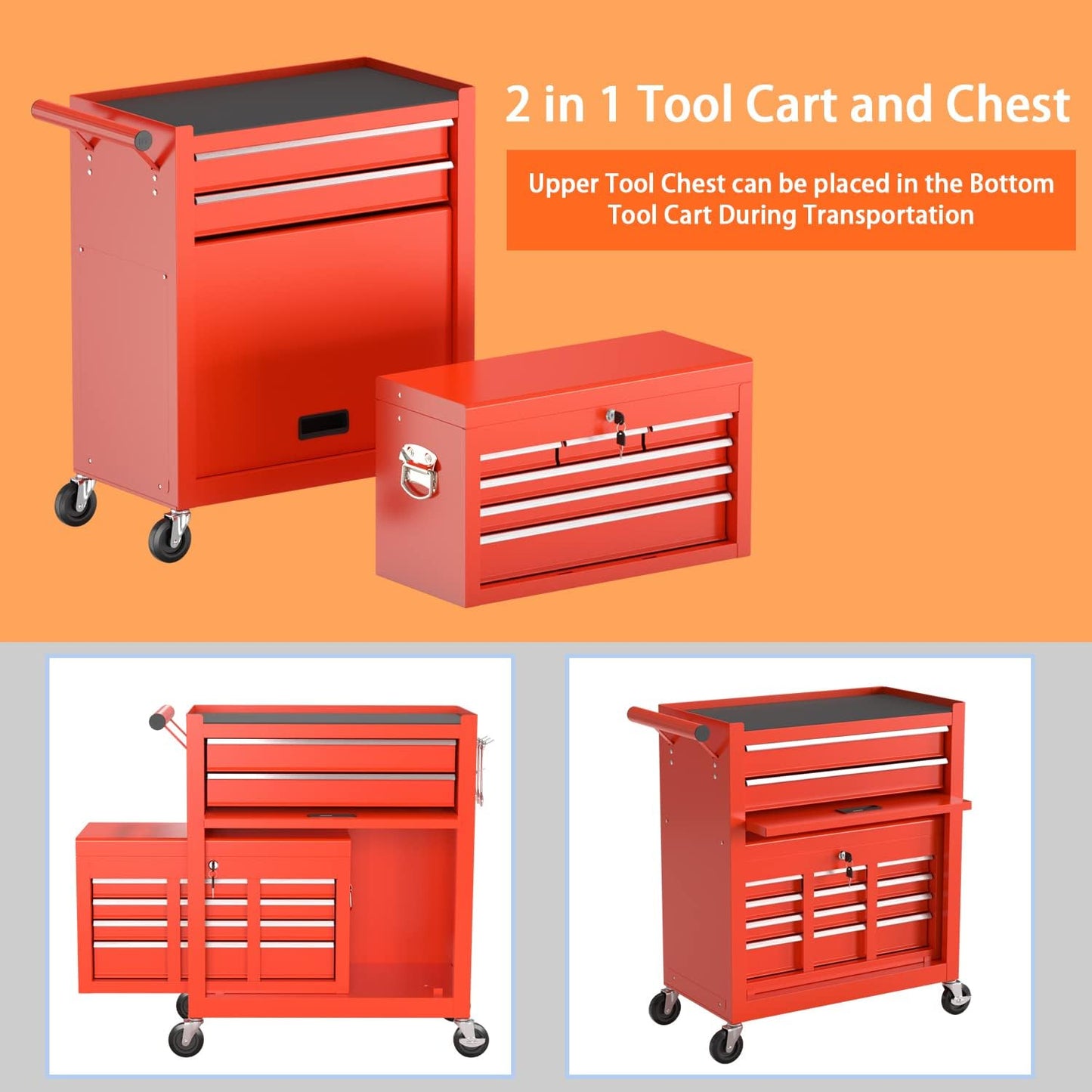 DUSACOM 8-Drawer High Capacity Rolling Tool Chest, Removable Cabinet Storage Tool Box with Wheels and Drawers, Detachable Toolbox with Lock for Workshop Mechanics Garage (8-Drawer, Red)