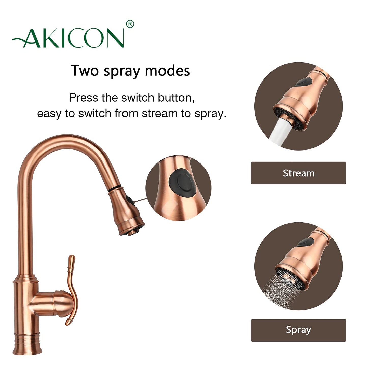 Akicon Copper Single-Hole Pull-Down Sprayer Copper Kitchen Sink Faucet Single Handle