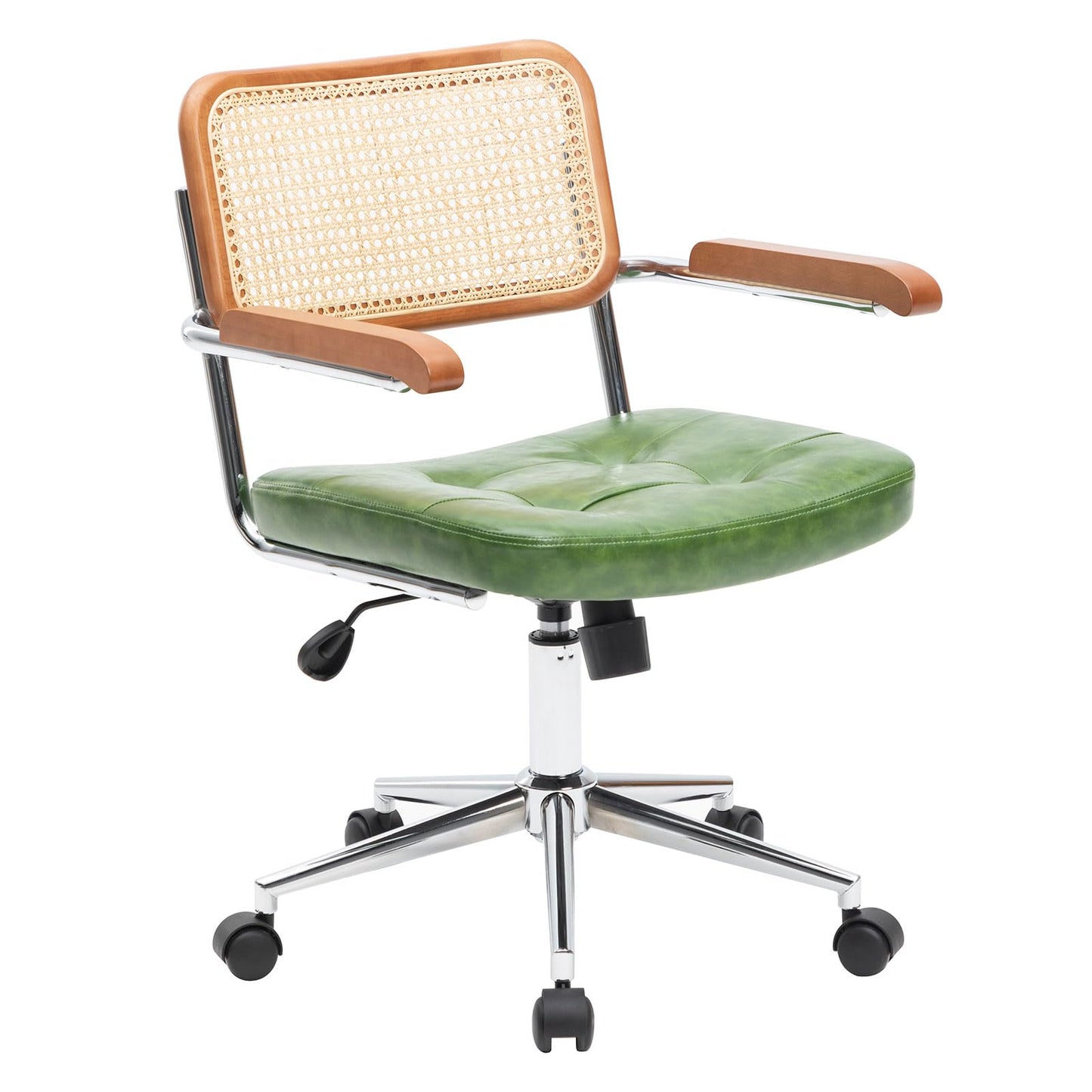 BALIAA Rattan Office Chairs, Modern Rattan Desk Chair with Natural Back & Wood Armrest, Small Upholstered Tufted Leather Home Office Desk Chairs for Home Office, Bedroom, Study, Green