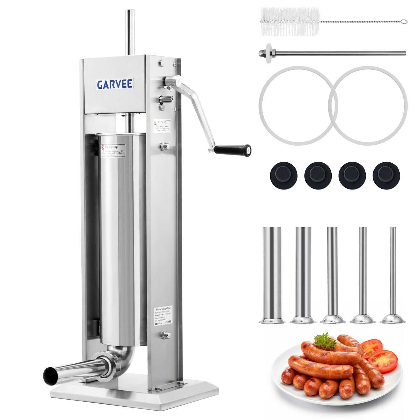 Garvee 7LB/3L Sausage Stuffer - 304 Stainless Steel Manual Sausage Maker with 2-Speed Gear & Torque Adjustment - Includes 5 Filling Tubes & Cleaning Kit for Home and Commercial Use
