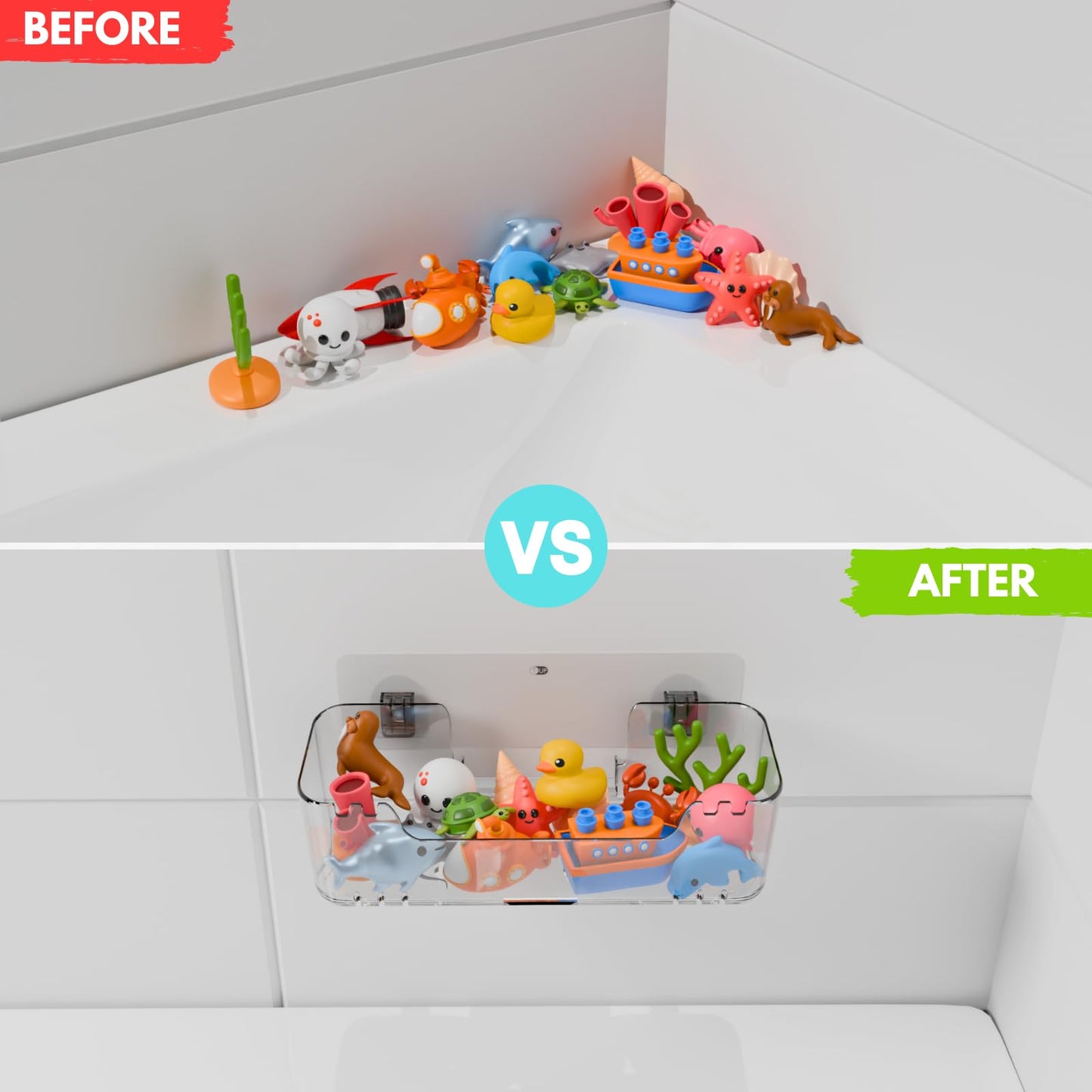 COLINCH Bathtub Toy Storage – Clear Bath Toy Holder with Drainage Holes, Wall-Mounted No-Drill Organizer for Kids’ Tub Toys