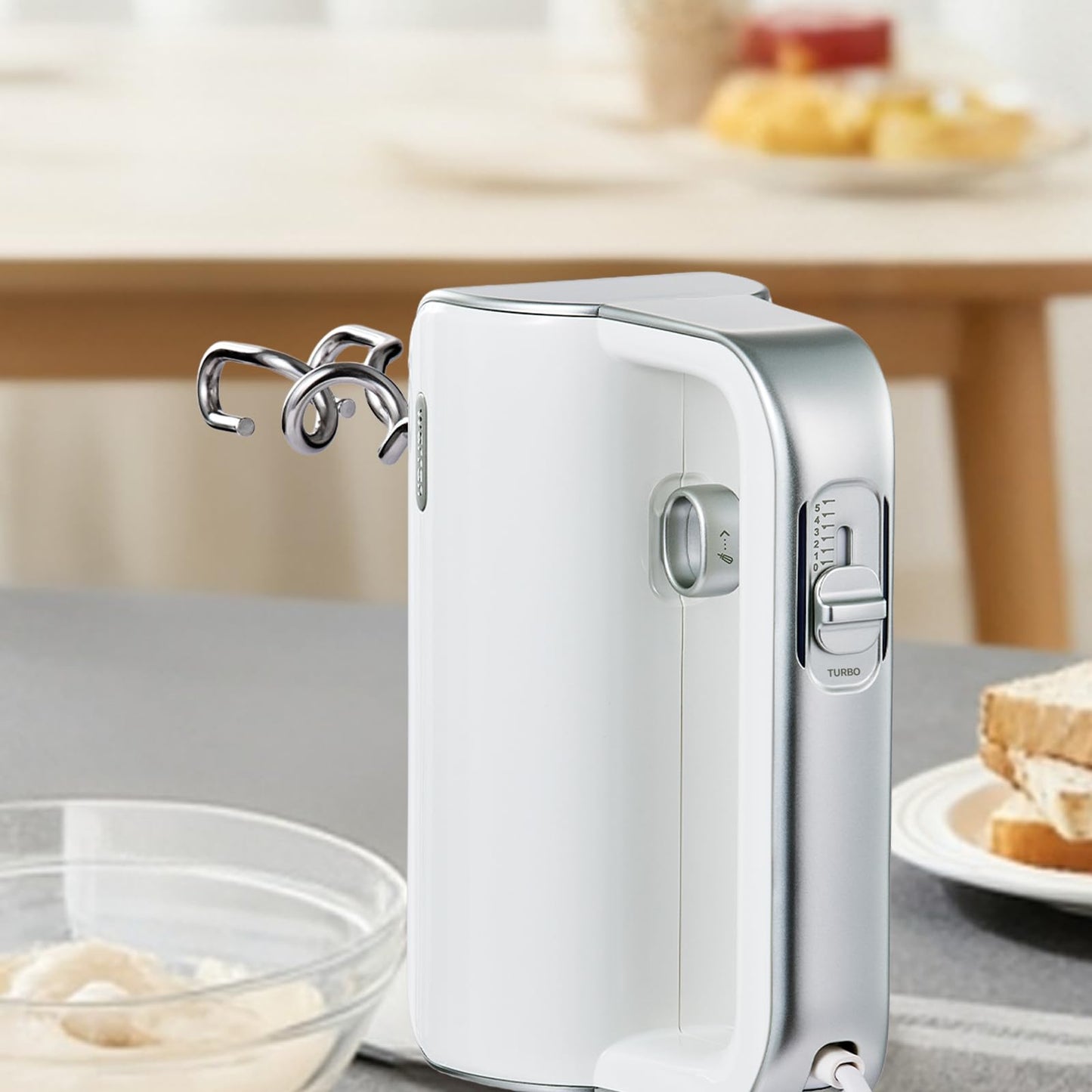 warran Master 5-Speed Electric Hand Mixer with Turbo Boost, Stainless Steel Whisk, Beaters, Dough Hooks & Milk Frother, Lightweight Handheld Mixer for Baking & Coffee, Light Olive Green