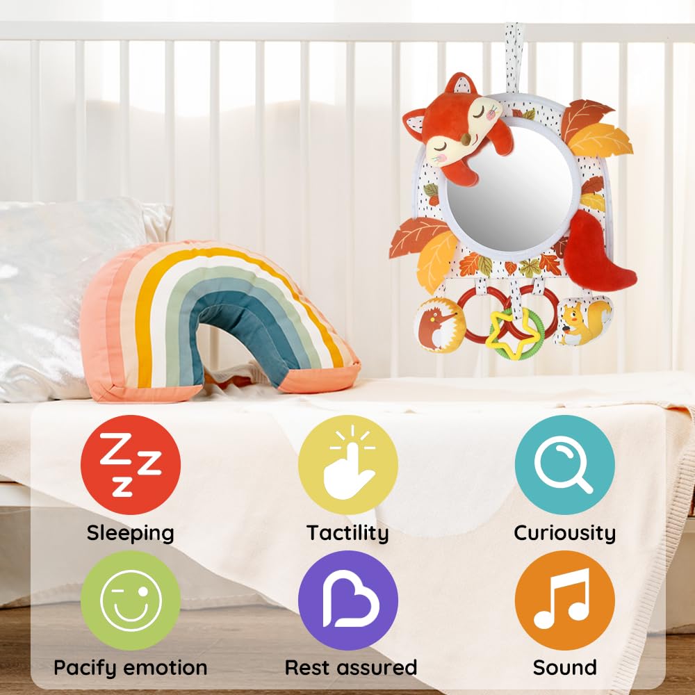 Caterbee Baby Activity Hanging Toy with in-Sight Car Mirror for car seat, Stroller, Crib and Tummy time (Fox)