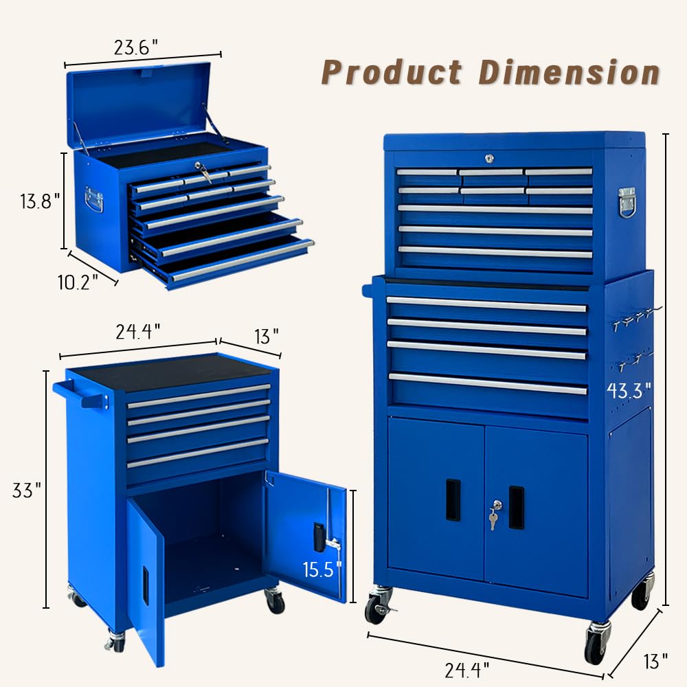 TOKUWA 13-Drawer Double Doors Handle Rolling Tool Chest, 2 in 1 Detachable Rolling Tool Chests, Large Tool Boxes with Lock, Metal Standing Tool Cabinet for Garage Workshop(Blue)