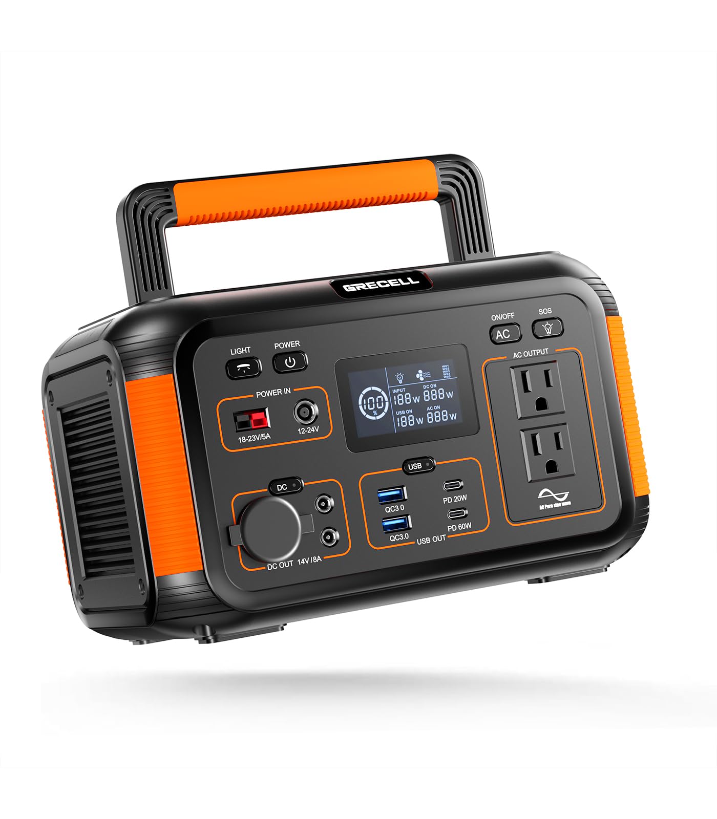 GRECELL 500W Portable Power Station 444Wh Solar Generator with 110V Pure Sine Wave AC Outlet/PD60W, 1000W Peak power station for Camping Trip RV Outdoor Home Emergency Backup & Solar Powered