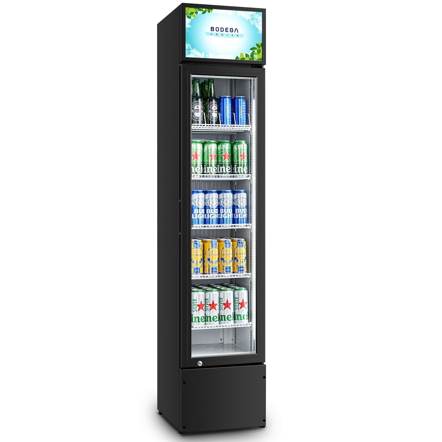 BODEGACOOLER Commercial Merchandiser Refrigerator, Glass Door Commercial Beverage Refrigerator, Beverage Display Cooler with Soft LED Light and Adjustable Shelves, 5.7 Cu. Ft. Single Swing Door, Black