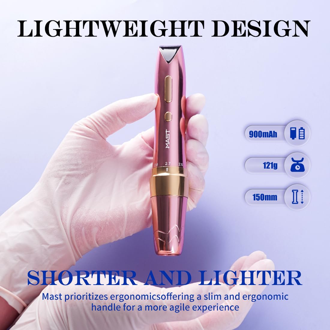 Mast P60 Tattoo Gun Machine, Wireless Tattoo Pen, 5 Strokes Length 2.2mm - 3.2mm, 121g/4.2oz, 2 Batteries, Pink Color