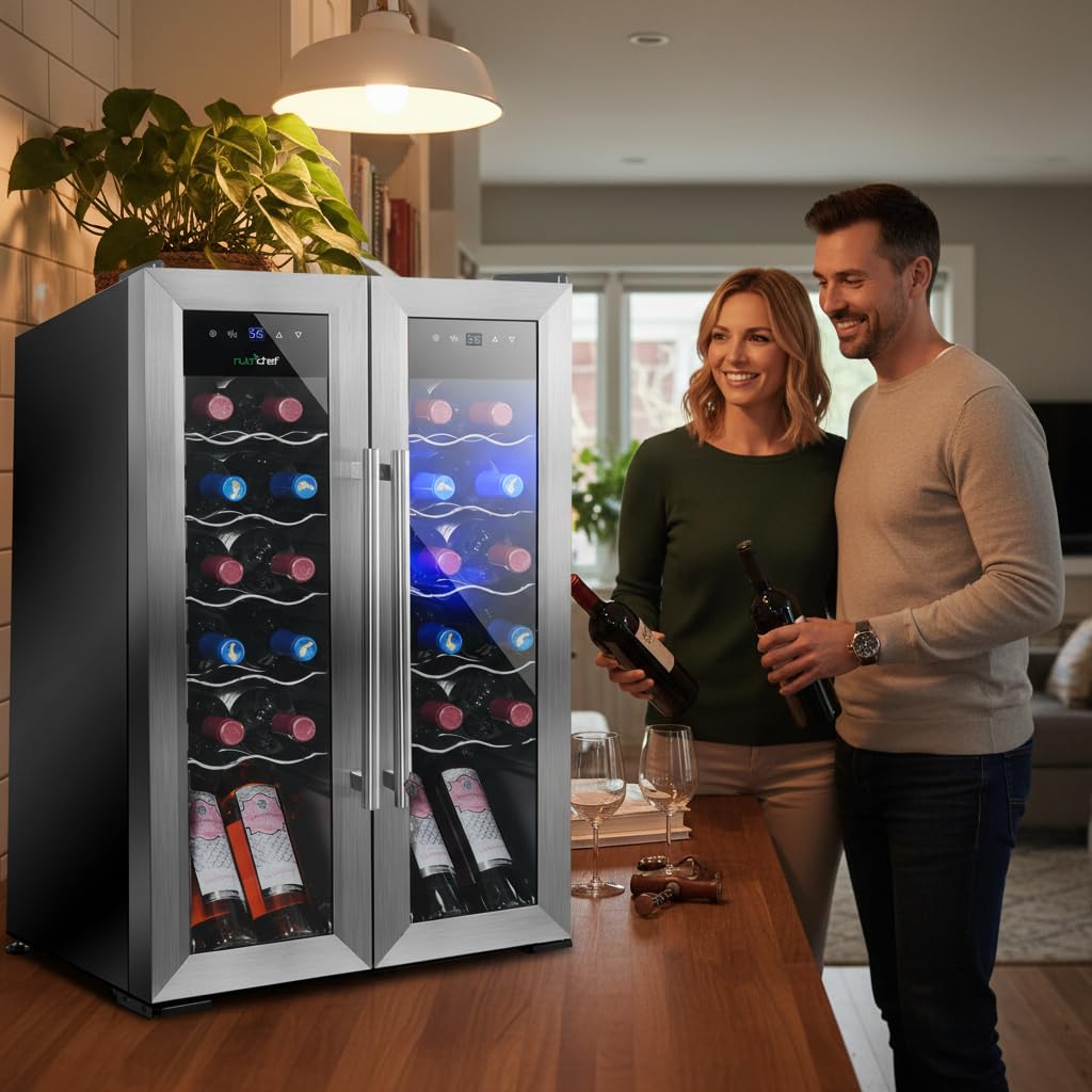 NutriChef 24-Bottle Wine Fridge – Dual Zone Cooler for Red & White Wines, 41°F–64°F Temp Control, Ultra-Quiet, Fits Home, Office, or Kitchen Counters – 31x19x20 in.
