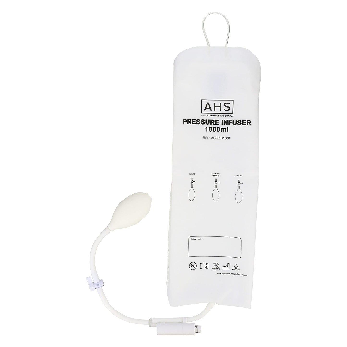 AHS American Hospital Supply Medical Pressure Infusion Bag 1000ml | IV Pole Infusion Sack with 3 Way Stopcock Smart Design and Easy to Use | Medical Supplies (Pack of 10)