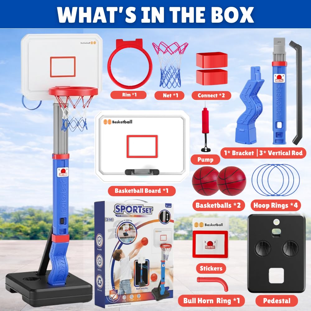 BRAGZO Toddler Basketball Hoop with Ring Toss Game, 2-in-1 Adjustable (2.5–5.5 Ft) Indoor & Outdoor Kids Basketball Set with Mini Balls, Rings, Pump & Stable Base Sports Toy for Boy & Girl Age 1-5