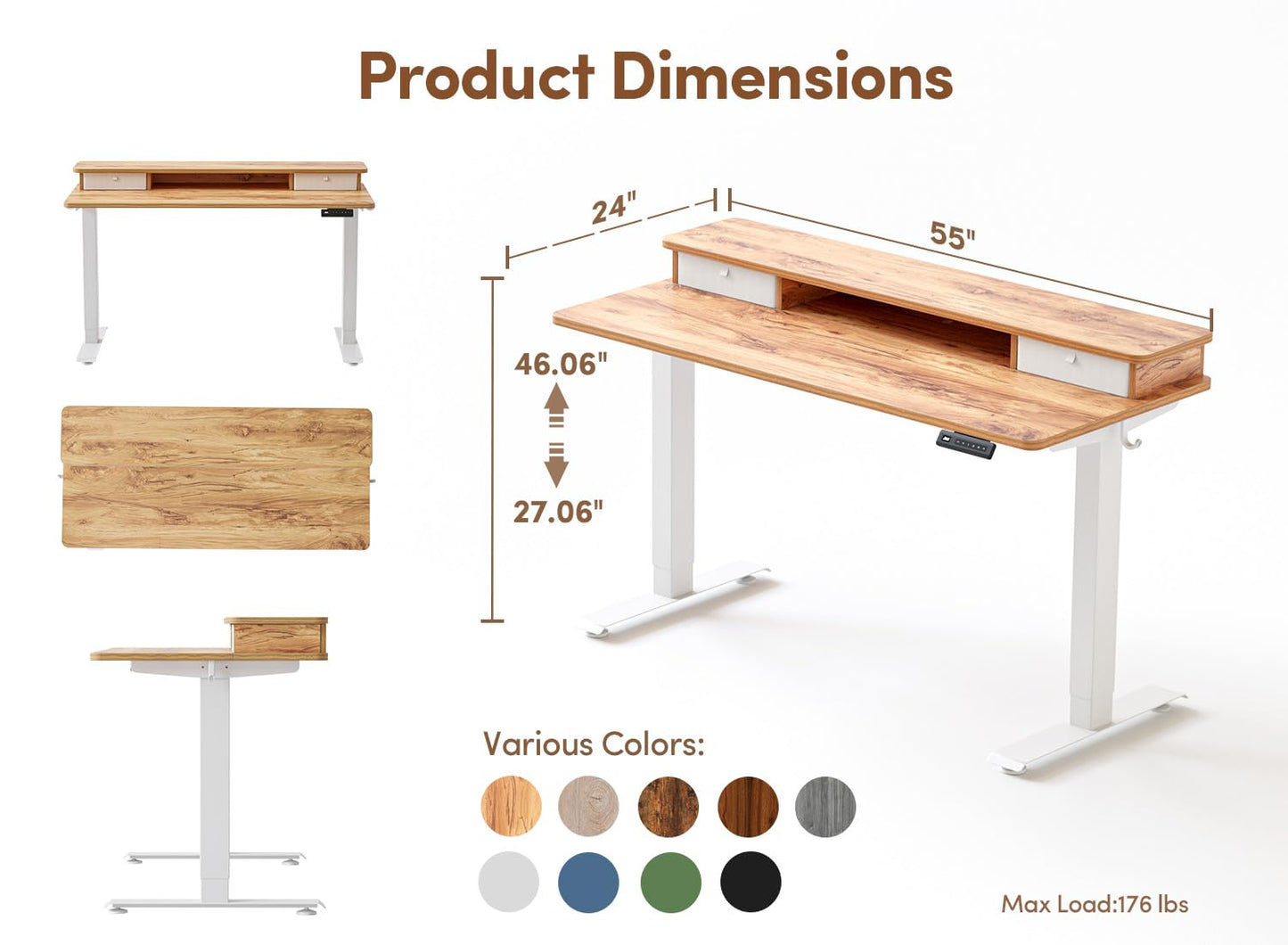 BANTI 55x24 Inch Electric Standing Desk with Dual Drawers, Height Adjustable Stand Up Table, Sit Stand Home Office Desk with Storage Shelf, White Frame/Light Rustic Brown Top