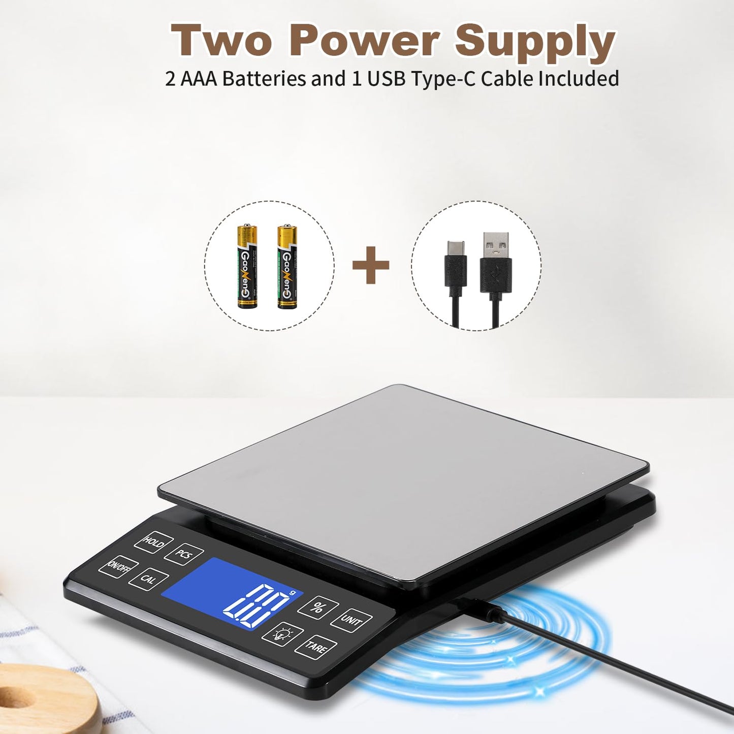SEMIER Digital Kitchen Scale with 0.1g/0.001oz High Precision, 5kg/11lb Food Bakery Scale with% Percentage Function, Tare Function, USB Rechargeable or AAA Battery Power, Stainless Steel Pan