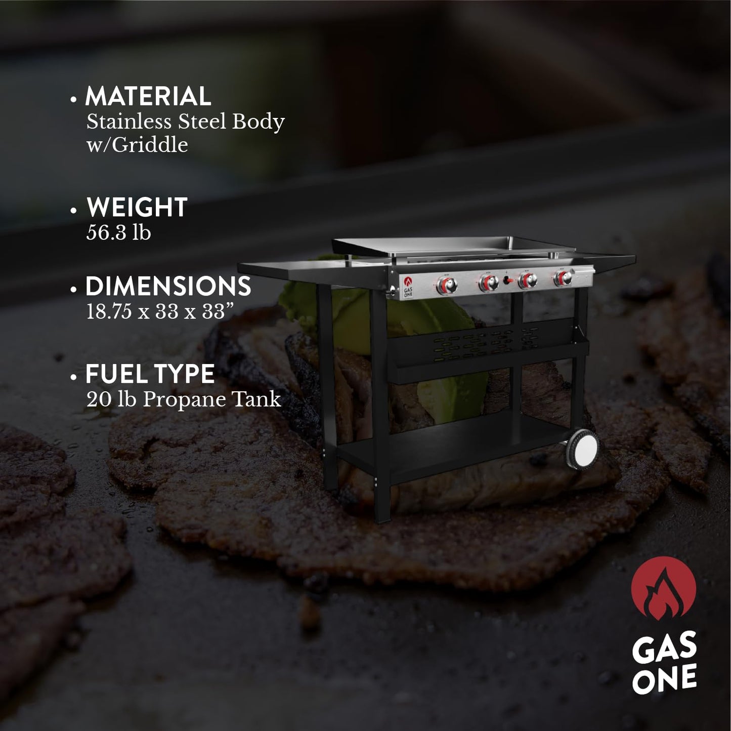 Gas One Flat Top Grill With 4 Burners - Premium Propane Outdoor Grill Cart - Stainless Steel Auto Ignition Camping Griddle - Easy Cleaning Cooking