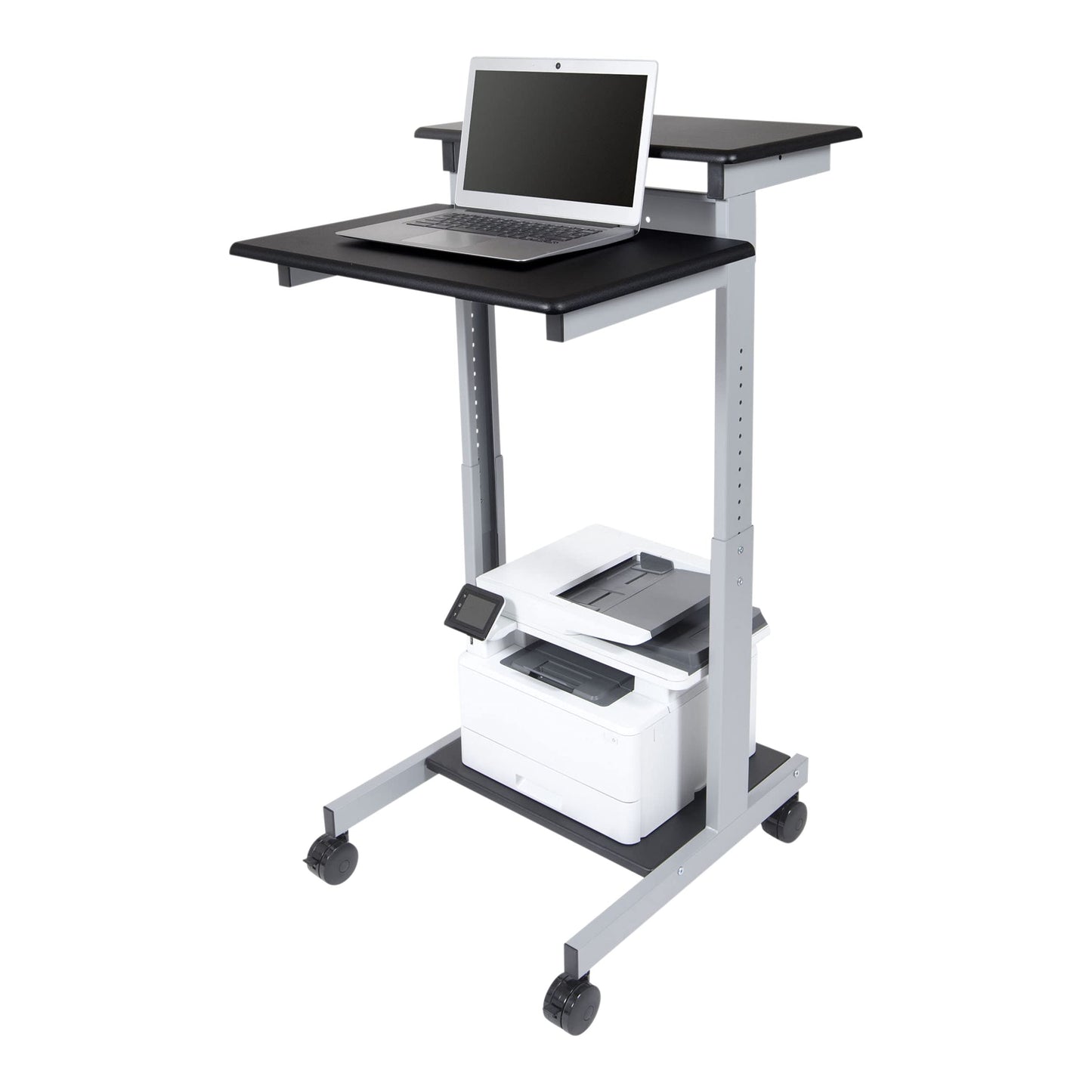 Stand Up Desk Store Rolling Adjustable Height Two Tier Standing Desk Computer Workstation (Silver Frame/Black Top, 24" Wide)