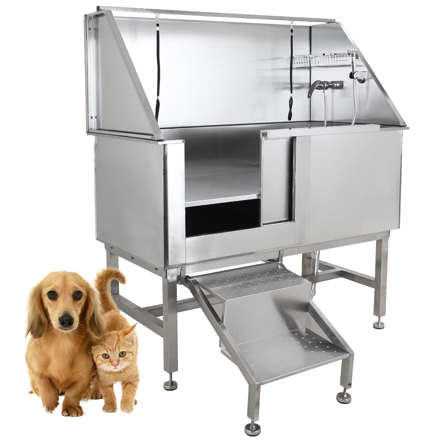 CHEINAUTO 50" Pet Dog Grooming Tub, Stainless Steel Dog Bath Tub Professional Wash Station for Large Dog with Steps Faucet & Accessories, Left Door