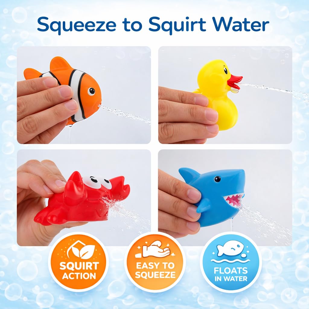 15 PCS Ocean Animals Rubber Bath Toy Water Squirters with Floating Bathtub Squeeze and Play Soft Sea Creatures anf Fishing Net for Baby, Toddlers and Kids