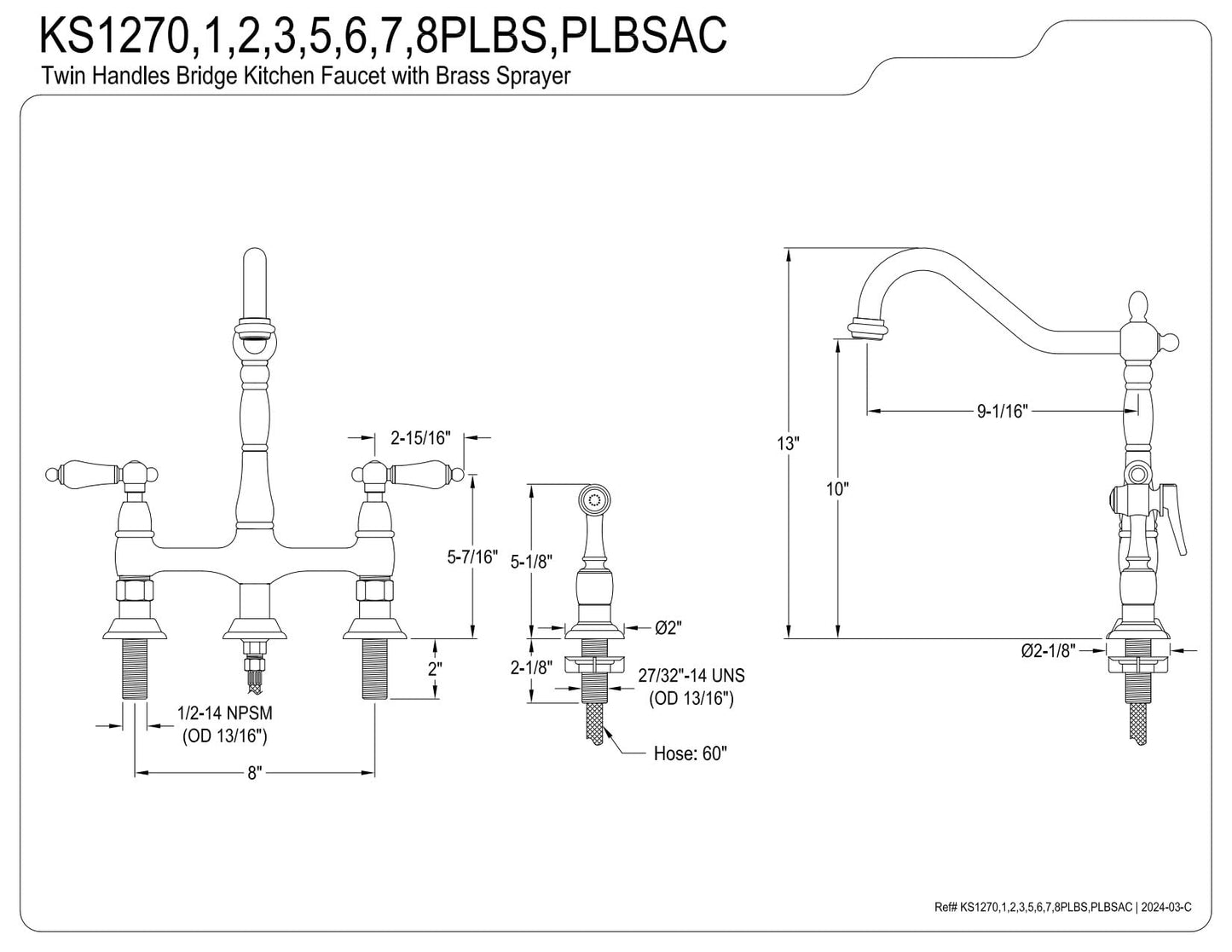 Kingston Brass KS1270PLBS Heritage Bridge Kitchen Faucet with Brass Sprayer, Matte Black