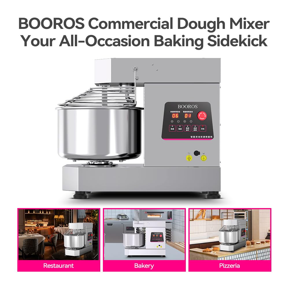 BOOROS Commercial Dough Mixer 750W Dual Rotating Dough Kneading Machine Pizza Dough Mixer 10.5Qt Capacity with Timer & Safety Shield Make 2.2-11Lbs of Dough Suitable for Bakery Pizzeria,110V